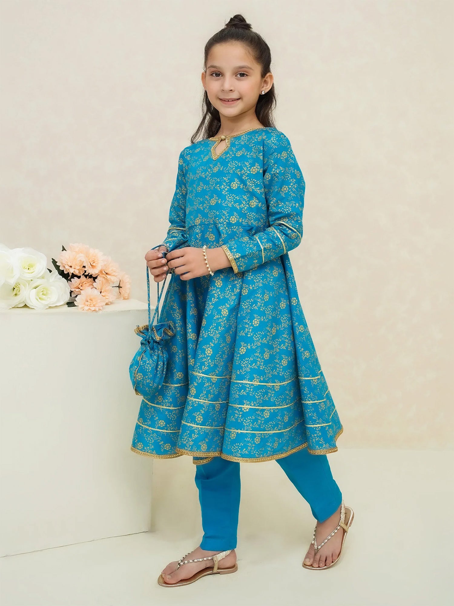 Kids Blue Rawsilk Frock Style 3-Piece Suit