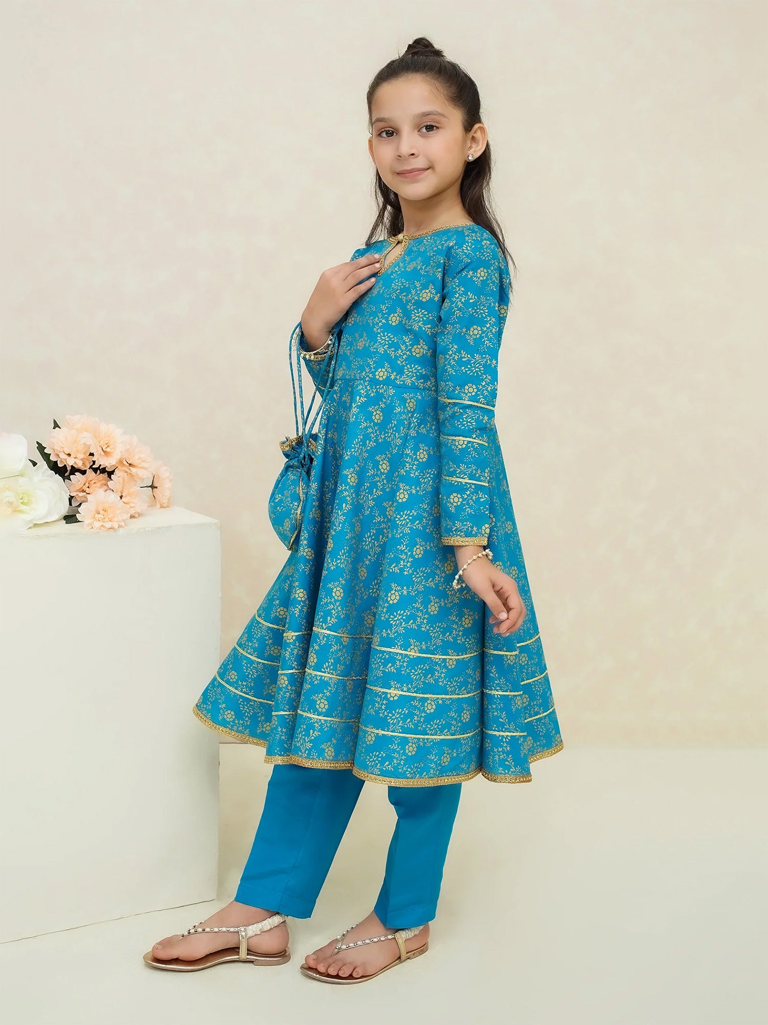 Kids Blue Rawsilk Frock Style 3-Piece Suit