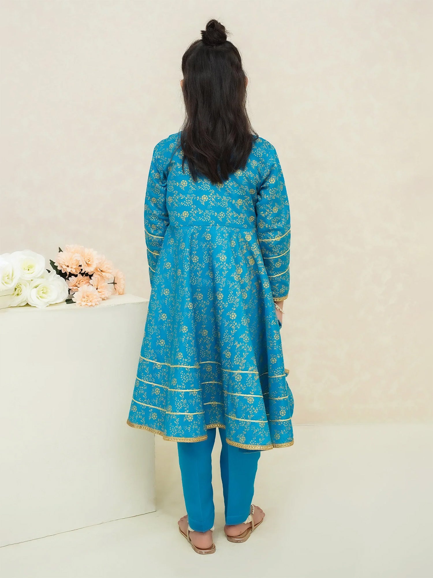 Kids Blue Rawsilk Frock Style 3-Piece Suit