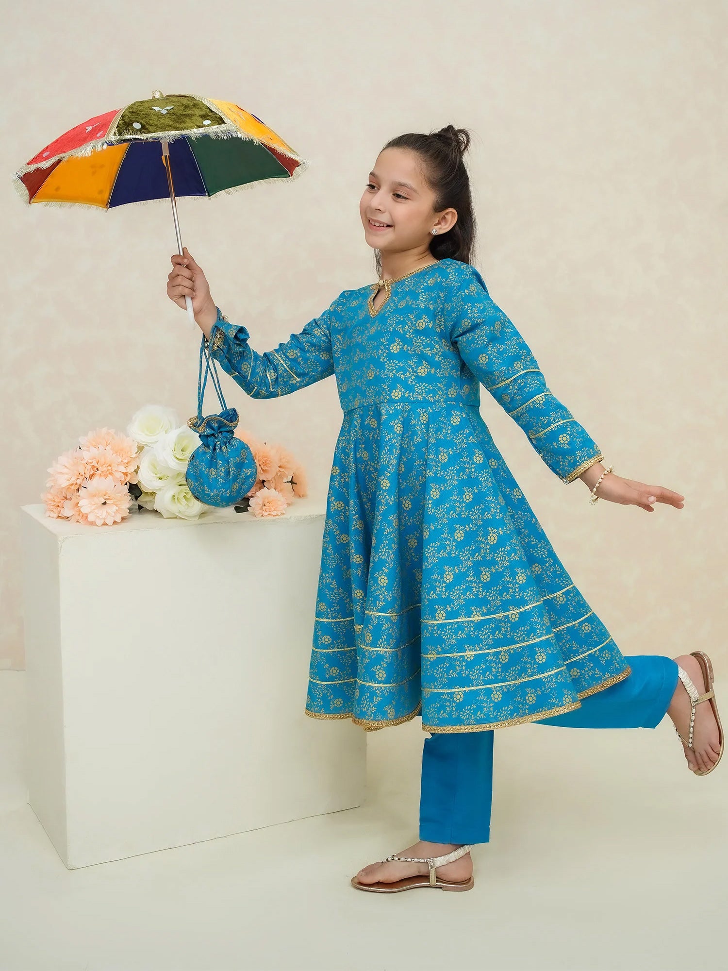 Kids Blue Rawsilk Frock Style 3-Piece Suit
