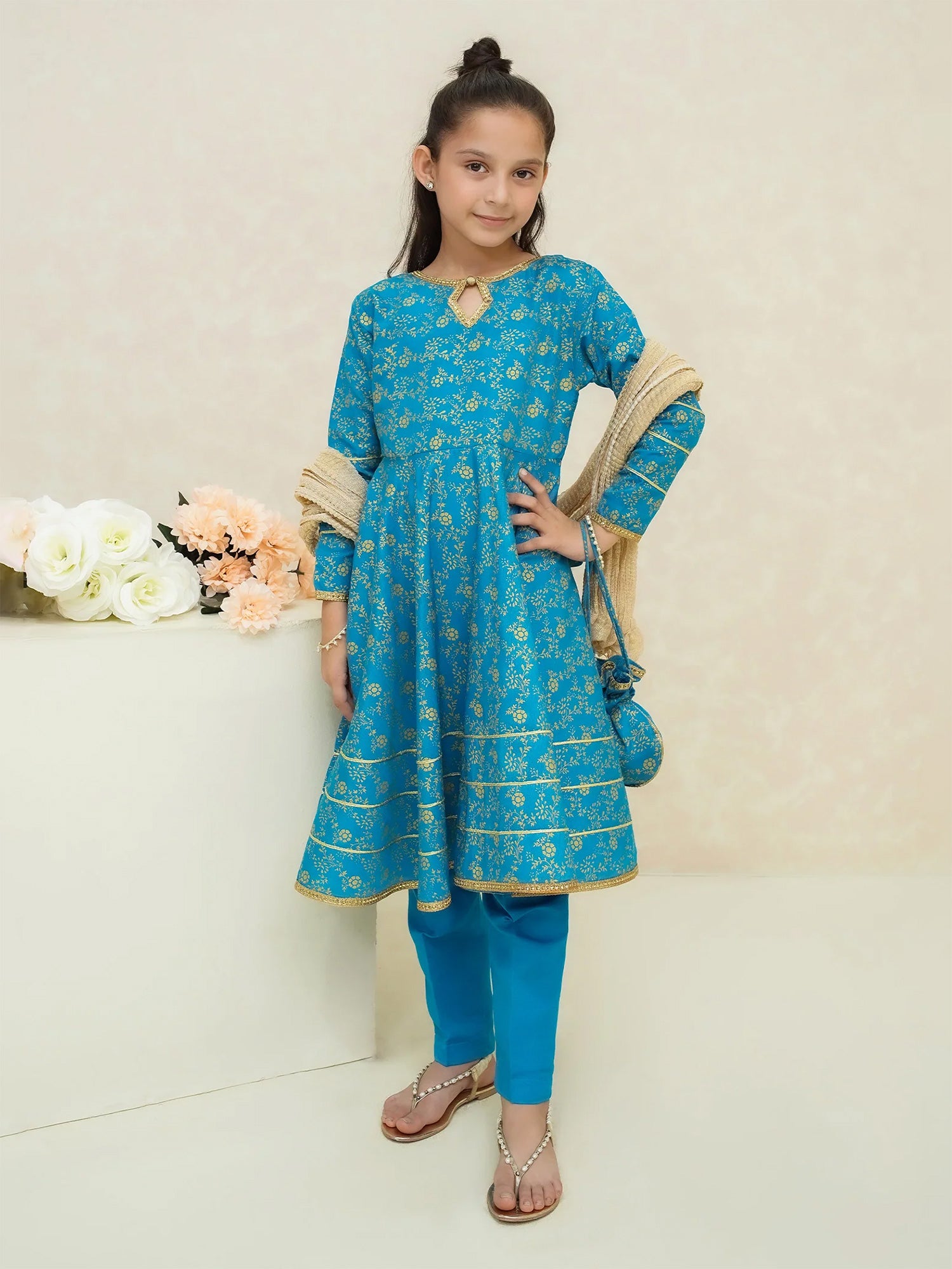 Kids Blue Rawsilk Frock Style 3-Piece Suit