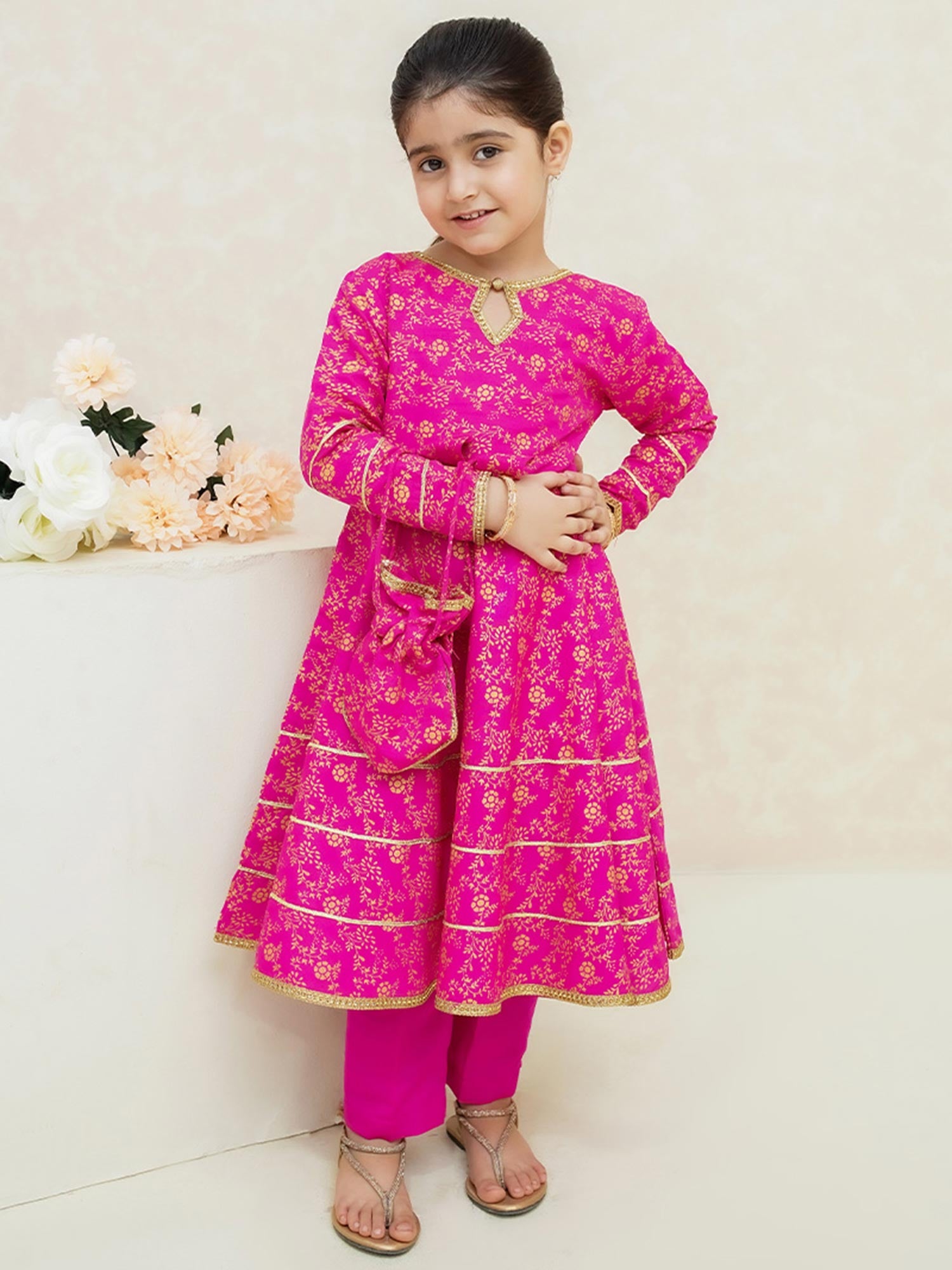 Kids Pink Rawsilk Frock Style 3-Piece Suit