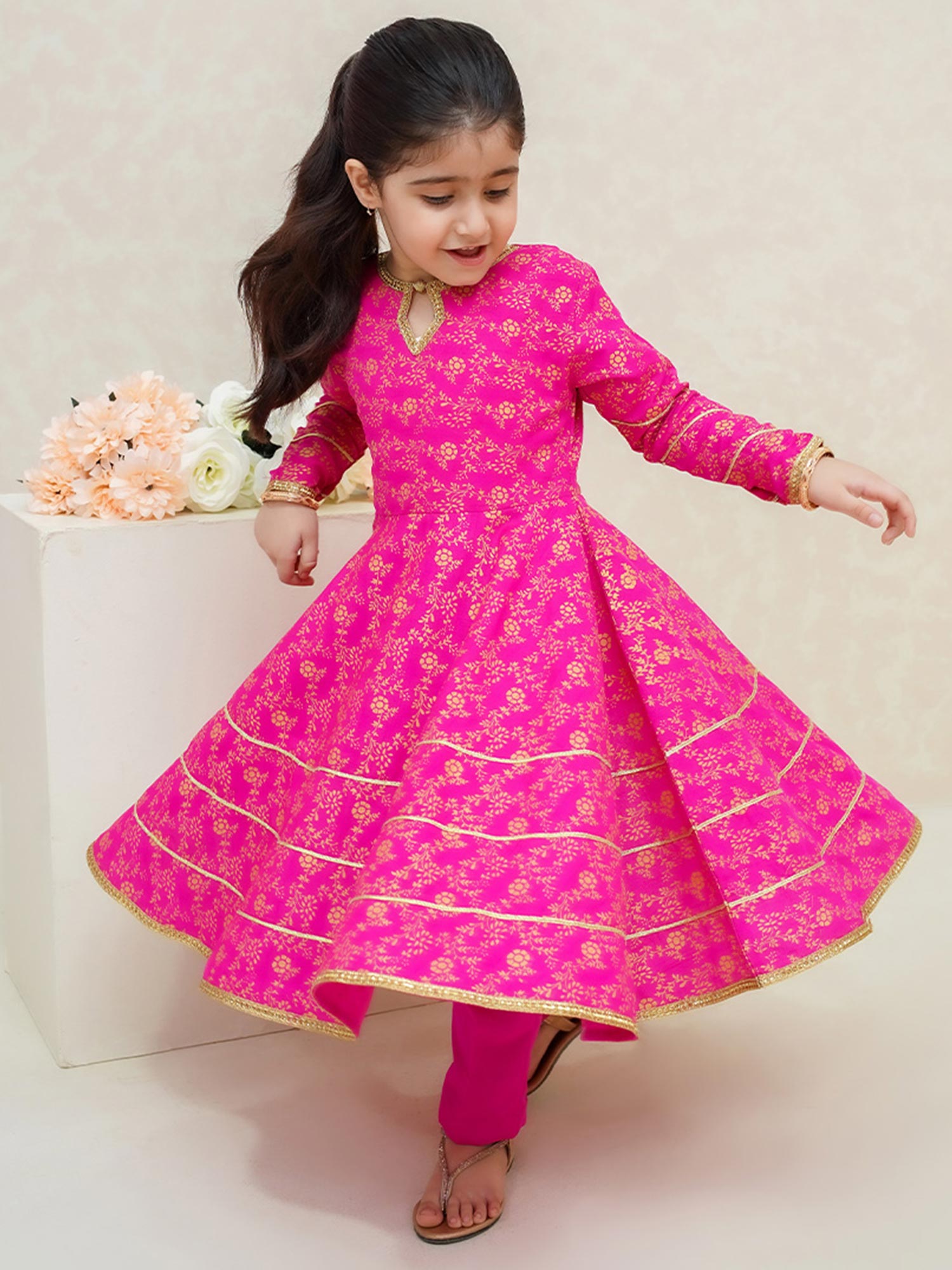 Kids Pink Rawsilk Frock Style 3-Piece Suit