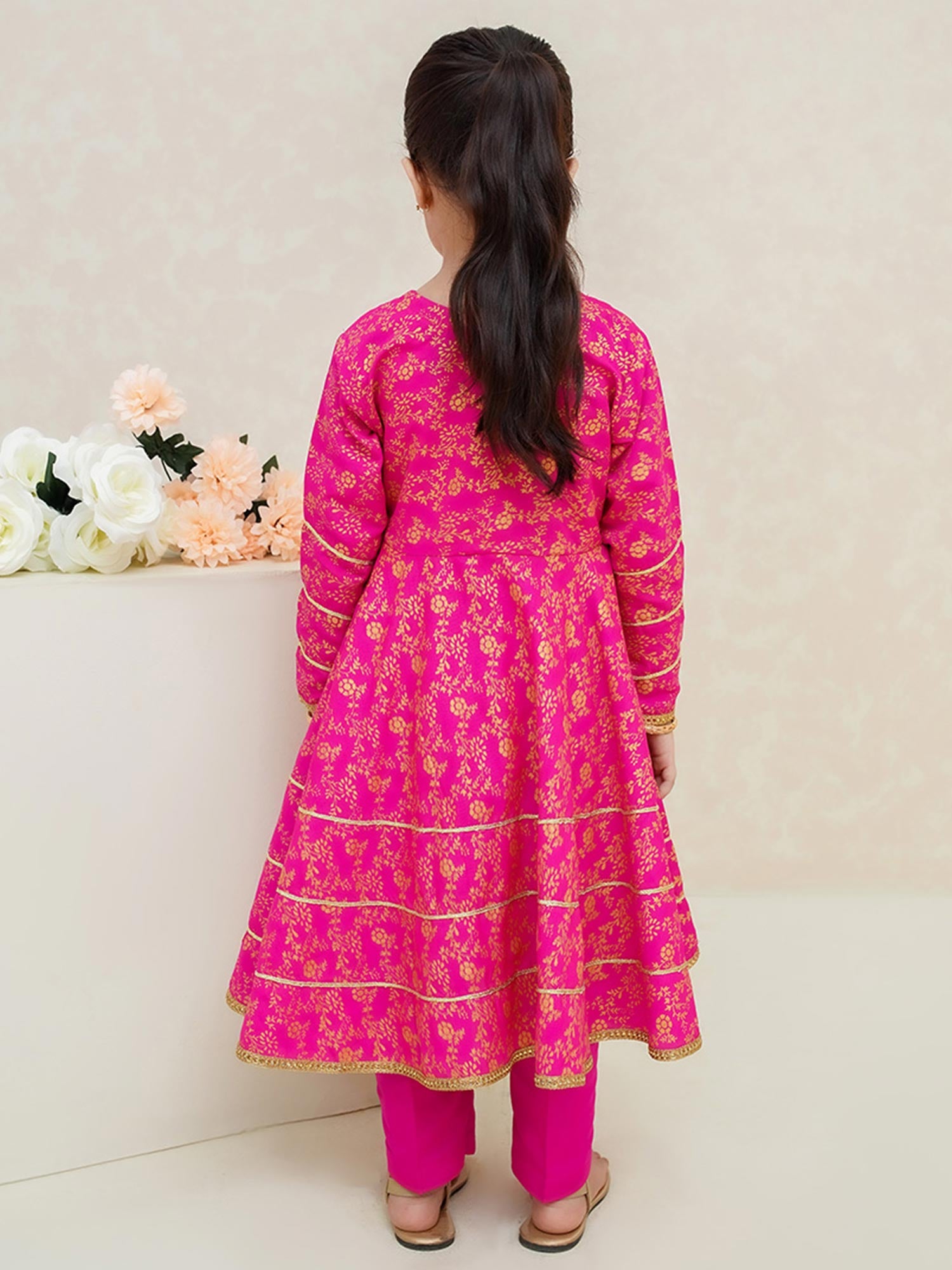 Kids Pink Rawsilk Frock Style 3-Piece Suit