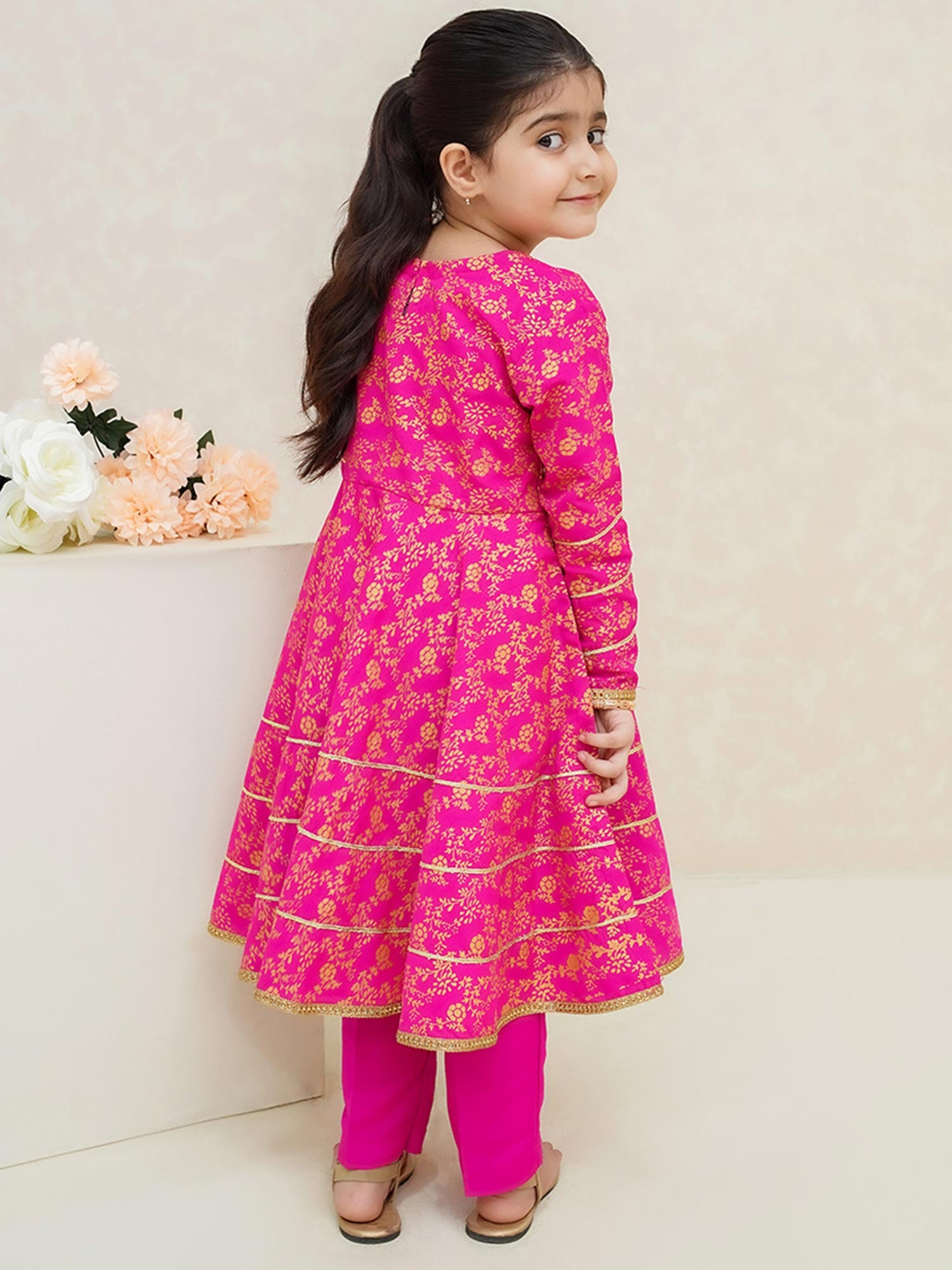 Kids Pink Rawsilk Frock Style 3-Piece Suit