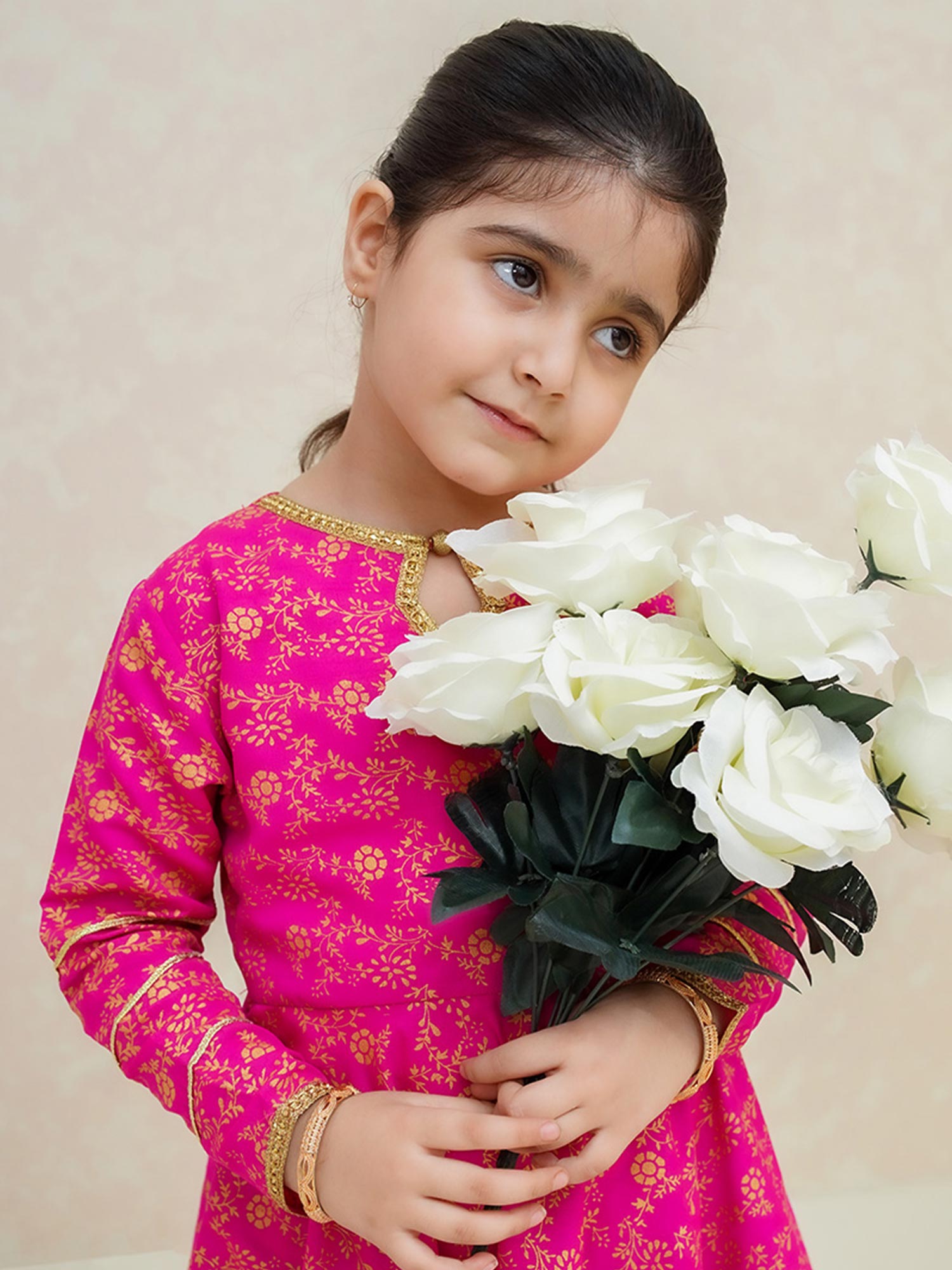 Kids Pink Rawsilk Frock Style 3-Piece Suit