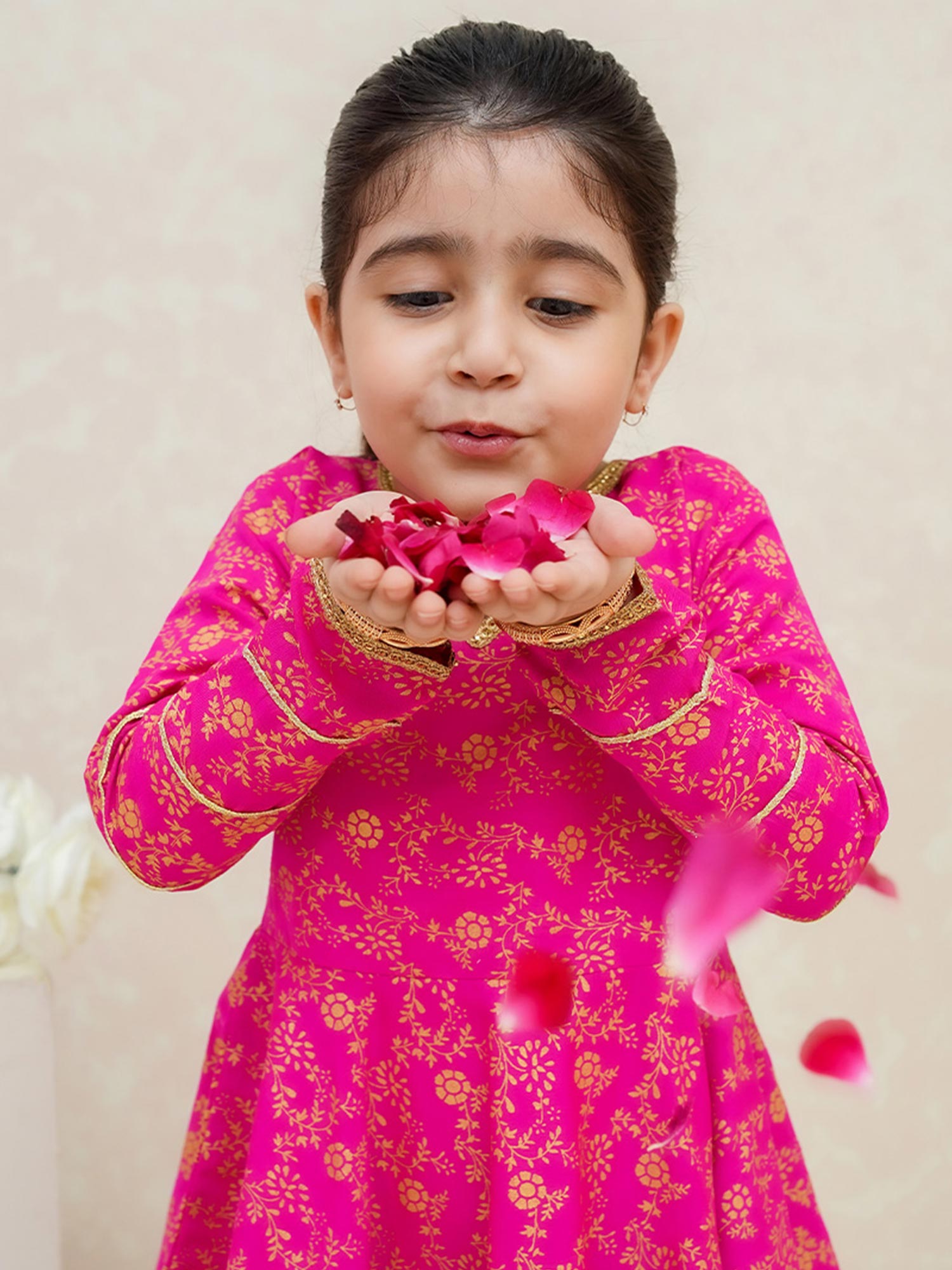 Kids Pink Rawsilk Frock Style 3-Piece Suit