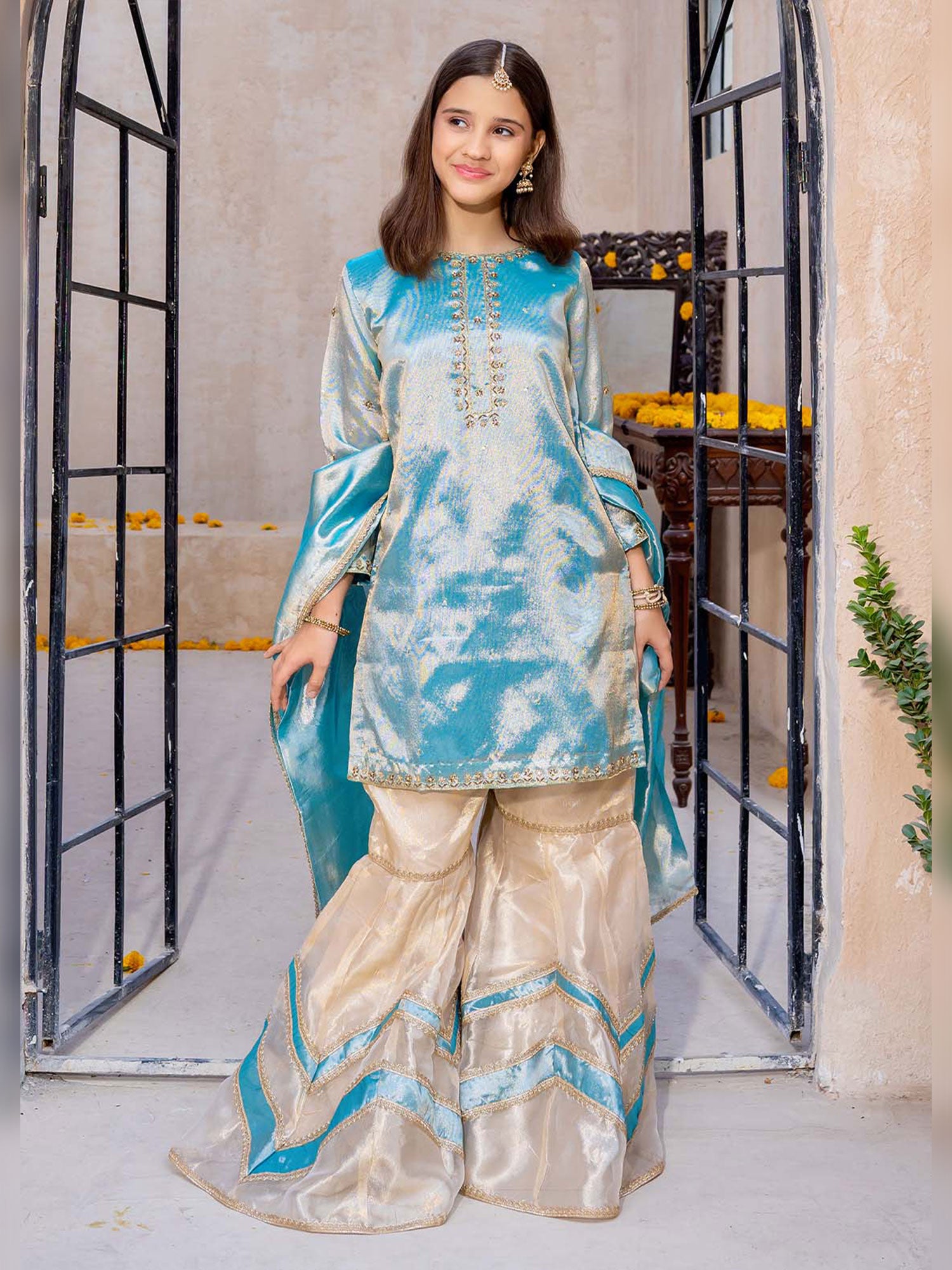 Kids Masuri 3-Piece Suit with Gharara - Sky Blue