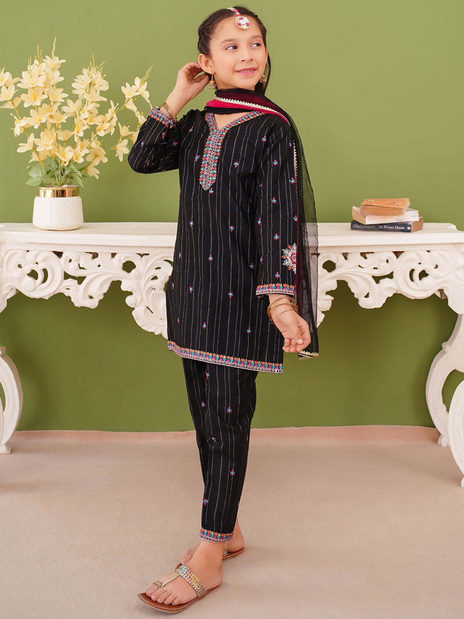 Kids Embroidered Khaddar 3-Piece Suit - Black