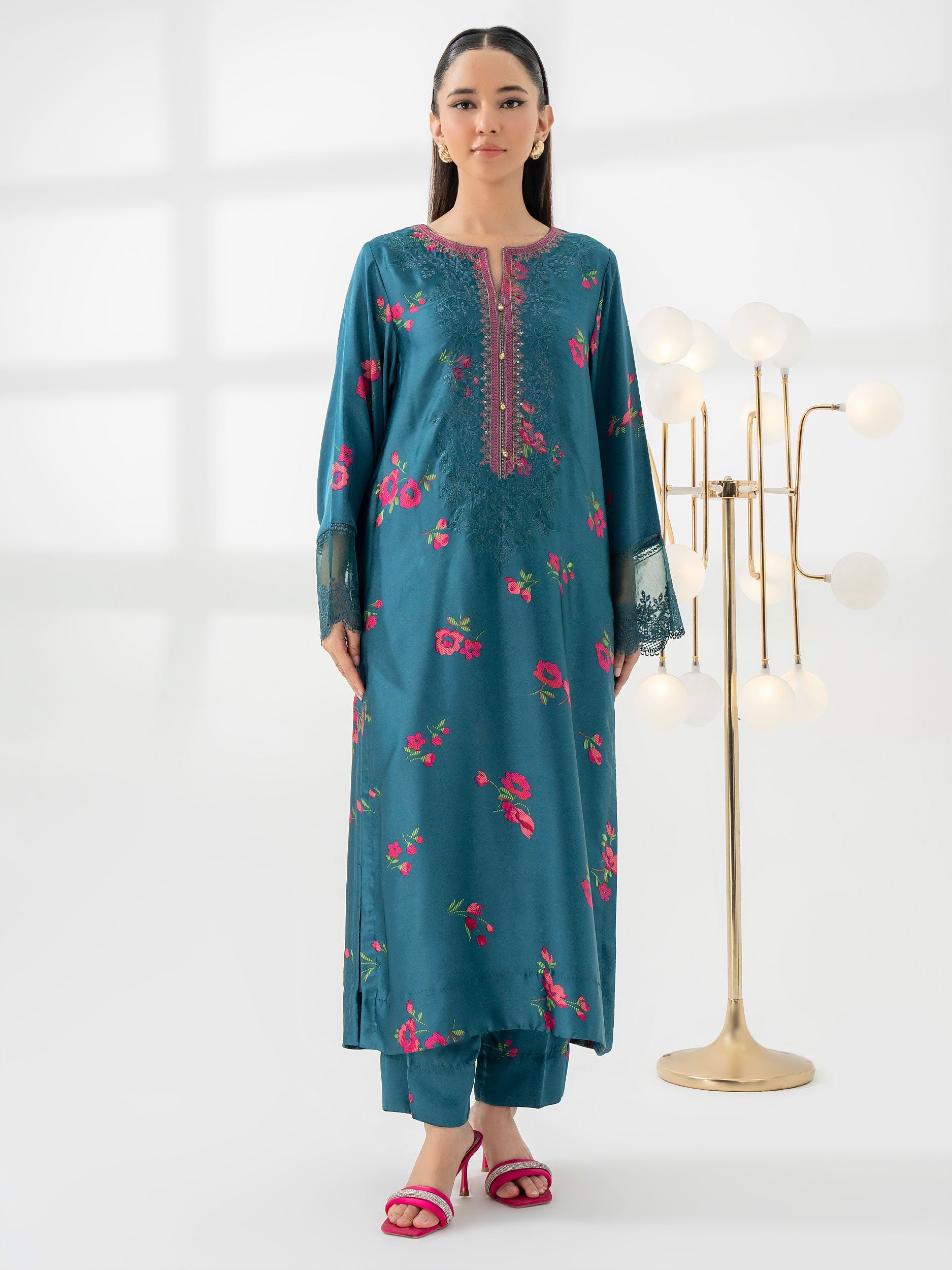 Limelight Teal Embroidered Silk 2-Piece Suit (A0632ST)