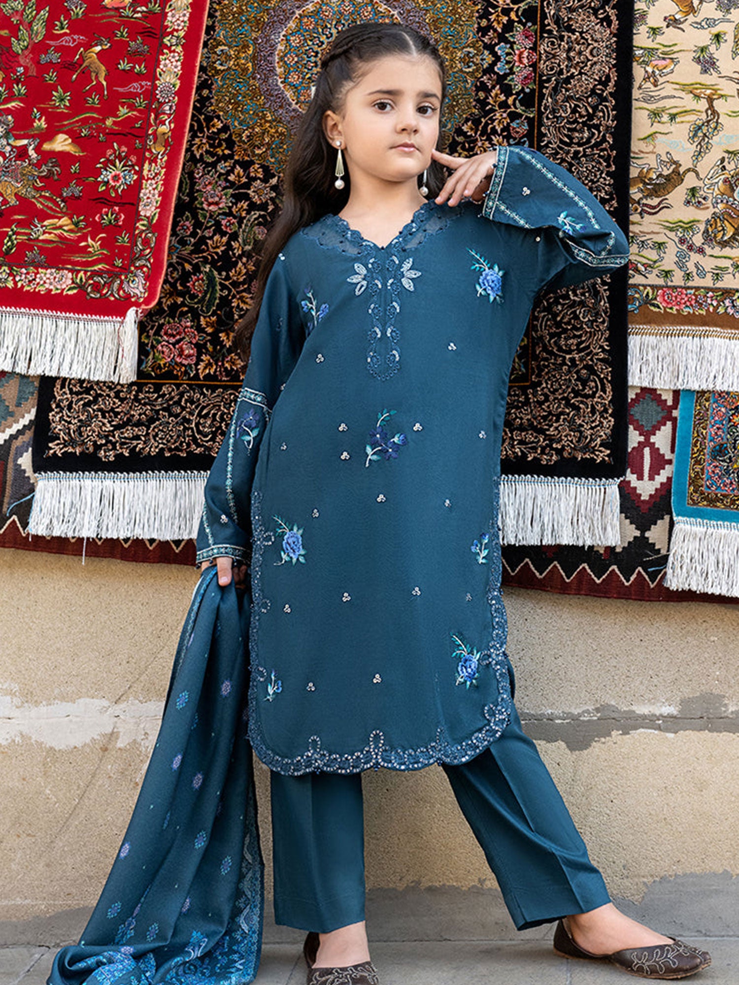 Ally's Kids Teal Embroidered Linen Suit (AL-1110)