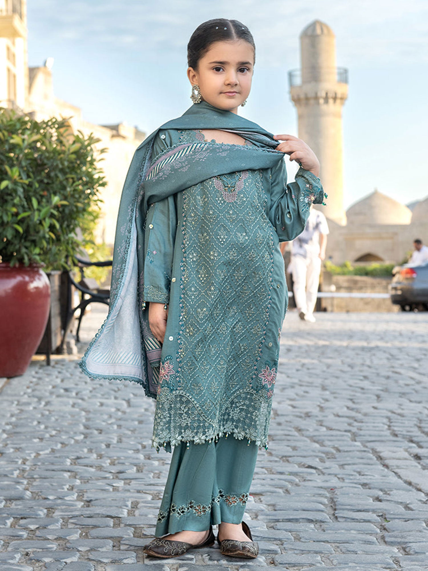 Ally's Kids Green Embroidered Linen Suit (AL-1114)