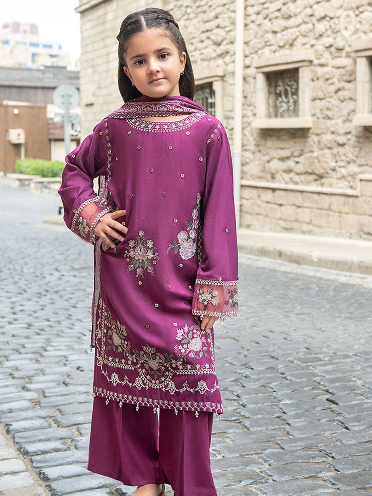 Ally's Kids Mauve Embroidered Linen Suit (AL-1115)