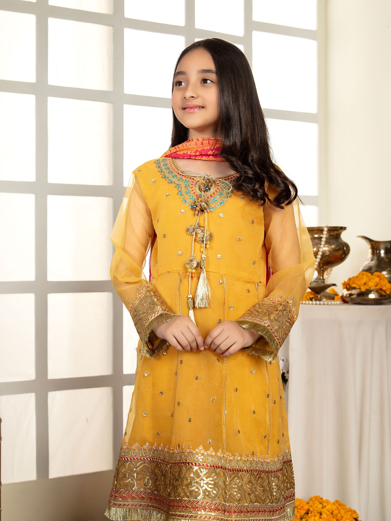 Ally's Kids Yellow Organza Suit with Gharara (AL-3267)