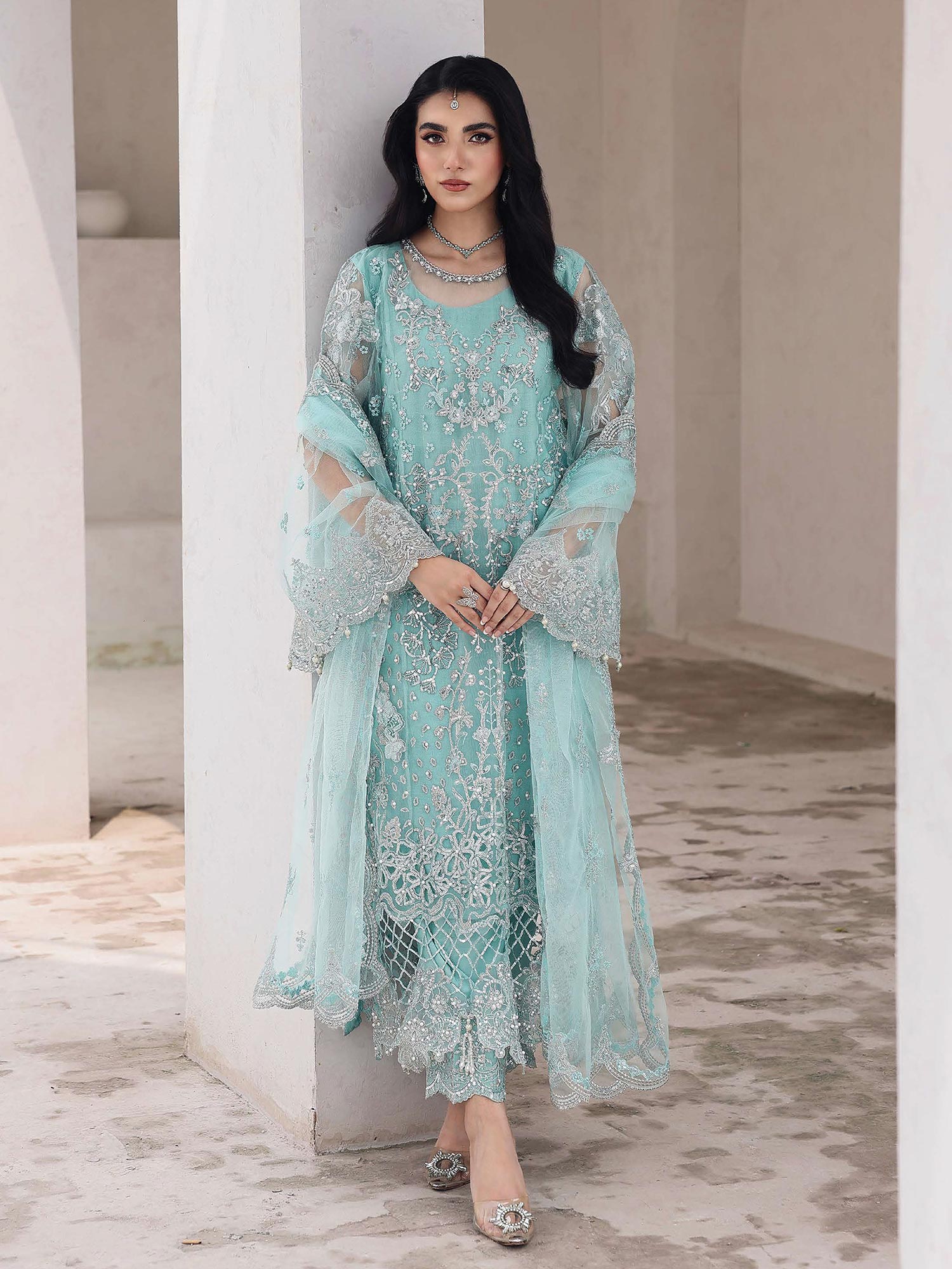 Ally's Aqua Embroidered Net Suit (AL-4256)