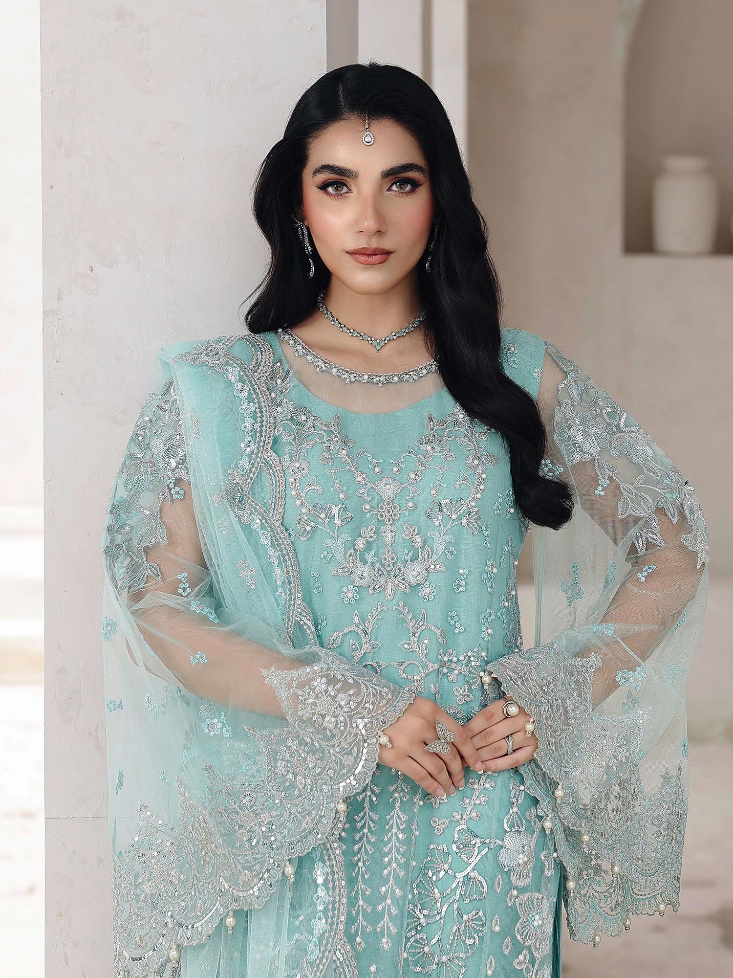 Ally's Aqua Embroidered Net Suit (AL-4256)