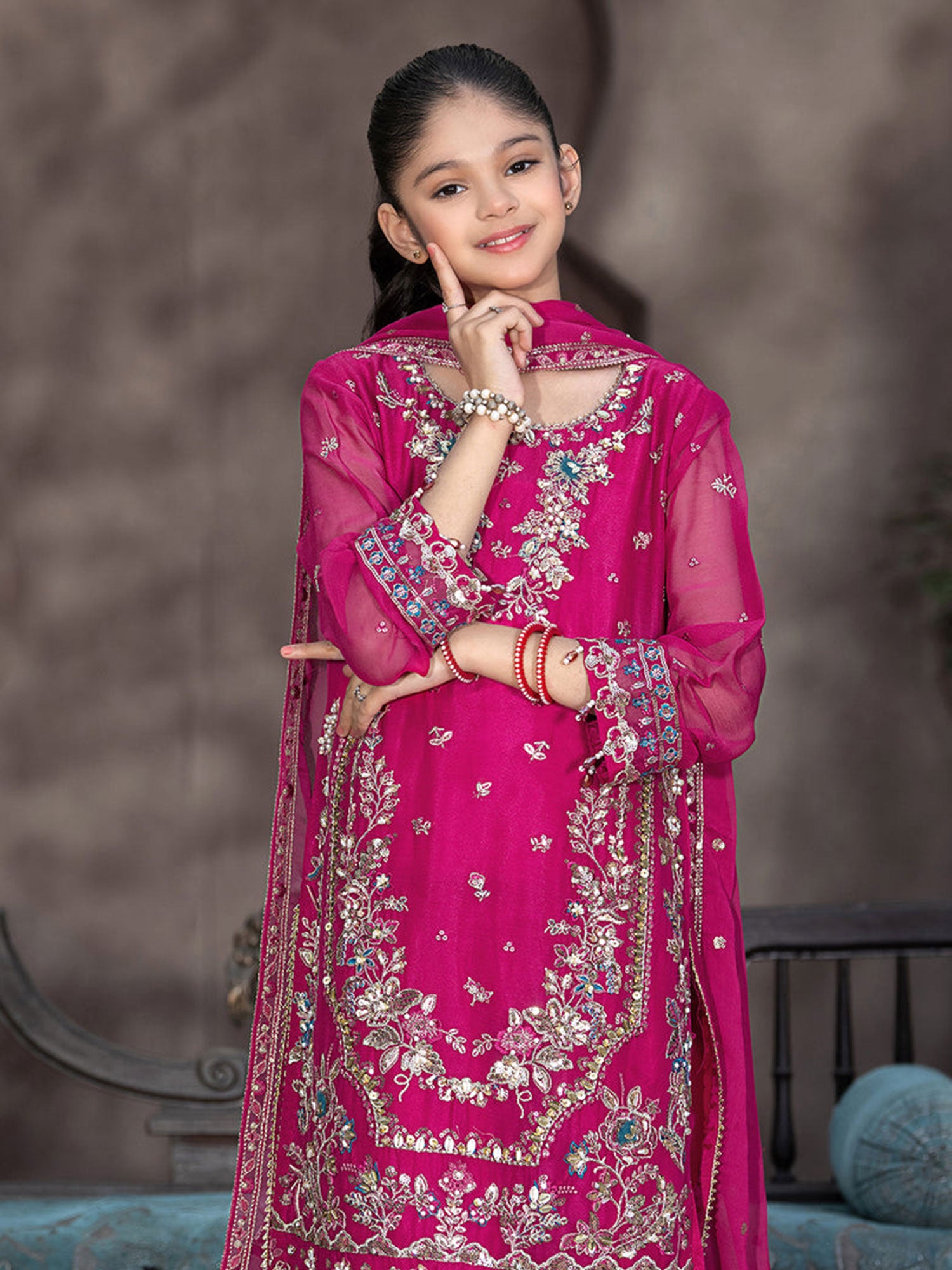 Ally's Kids Pink Lux Chiffon Suit with Gharara (AL-4281)