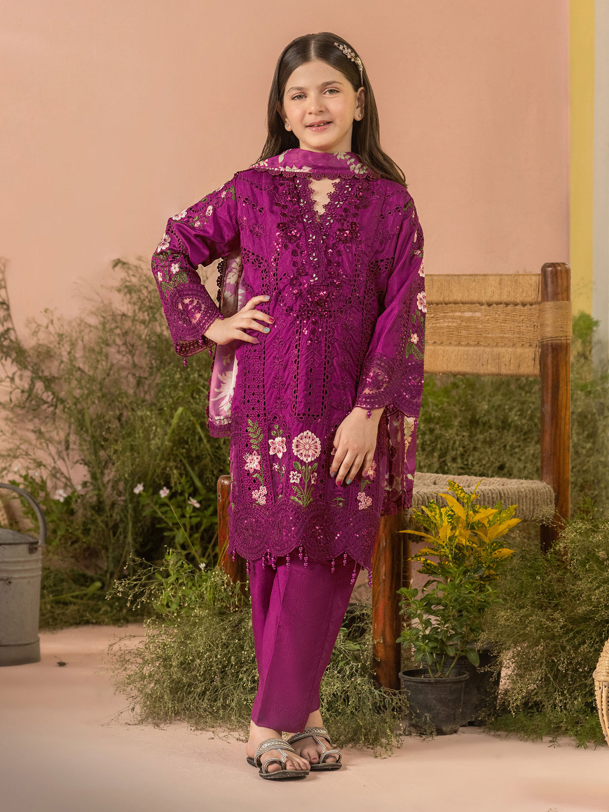 Ally's "Dahlia" Kids Hot Pink Lux Embroidered Raw Silk Suit (AL-4308) - Hot Pink