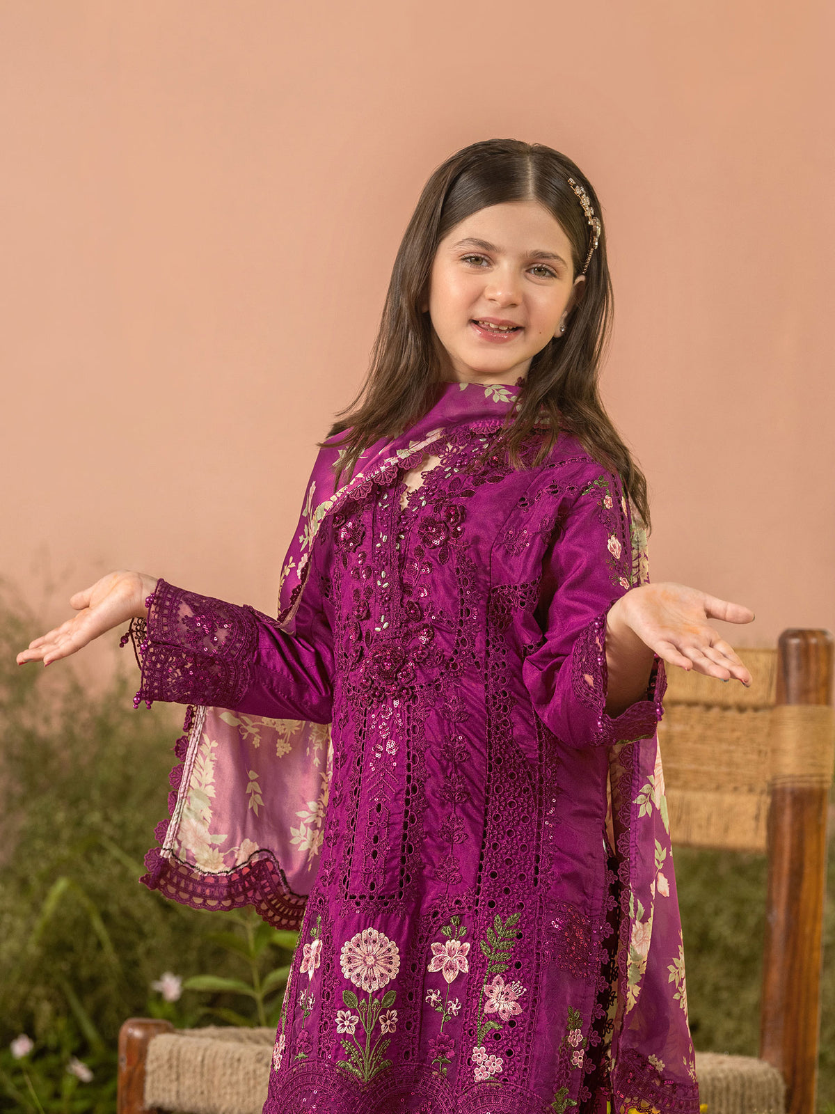 Ally's "Dahlia" Kids Hot Pink Lux Embroidered Raw Silk Suit (AL-4308) - Hot Pink