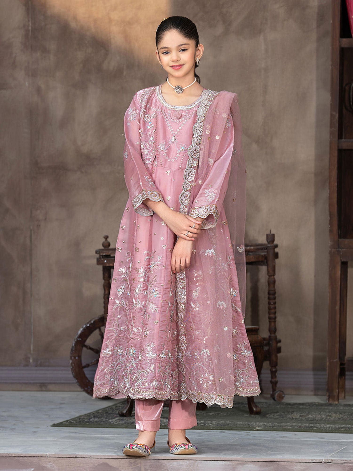 Ally's Kids Pink Embroidered Silk Maxi Suit (AL-4324)