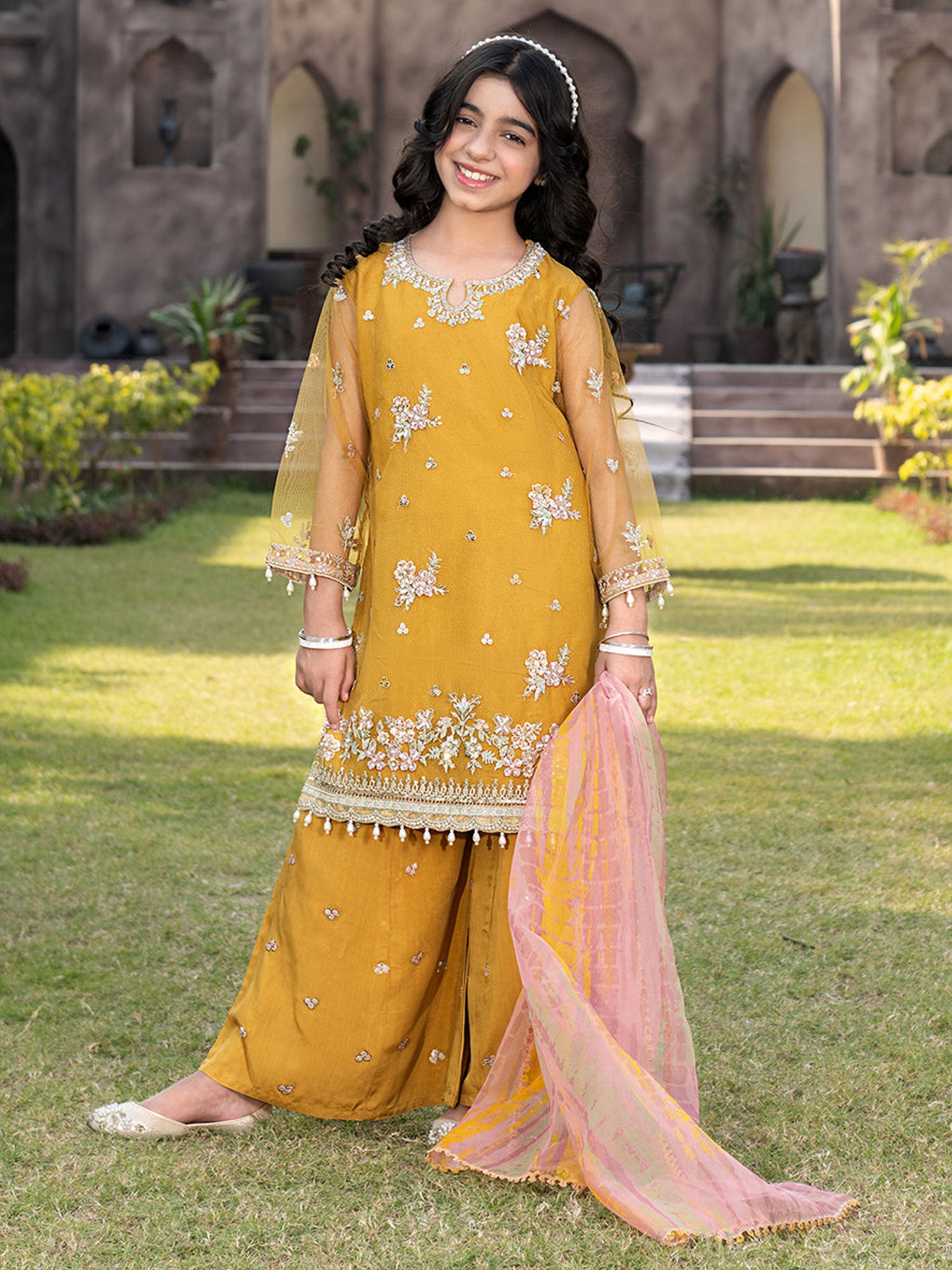 Ally's Kids Mustard Lux Net Suit with Sharara (AL-4325)