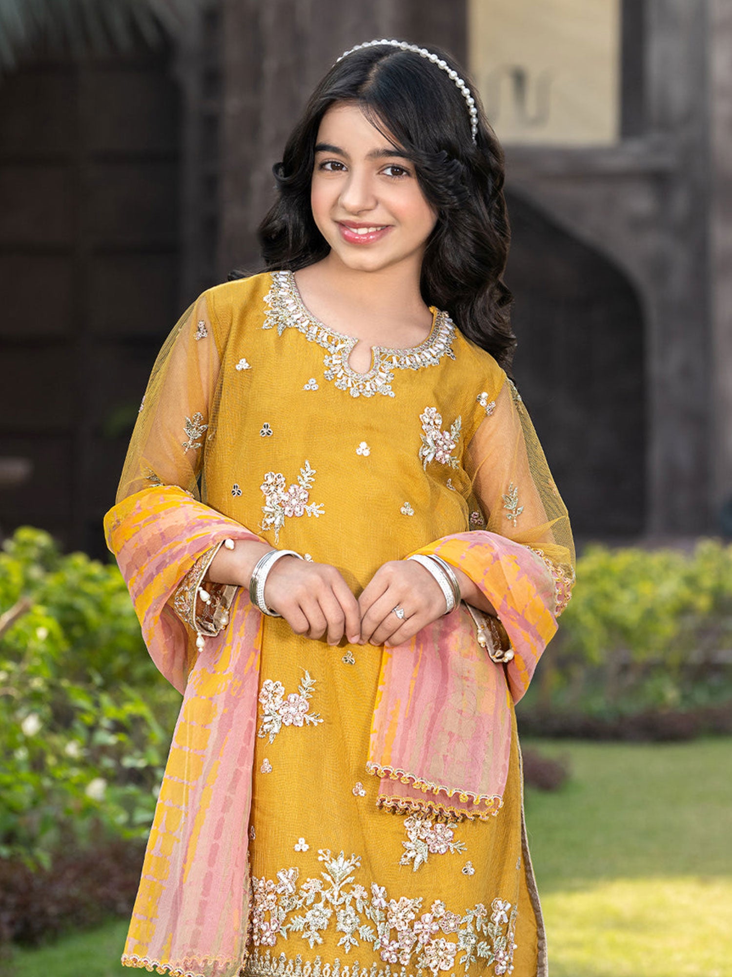 Ally's Kids Mustard Lux Net Suit with Sharara (AL-4325)