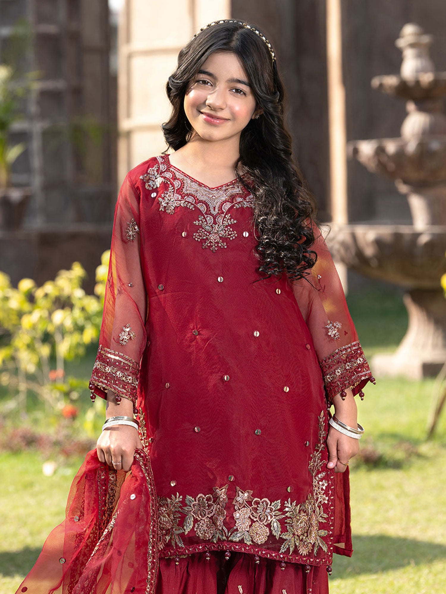 Ally's Kids Maroon Lux Organza Suit with Gharara (AL-4326)