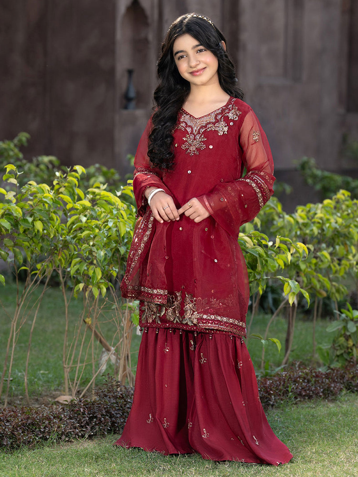 Ally's Kids Maroon Lux Organza Suit with Gharara (AL-4326)