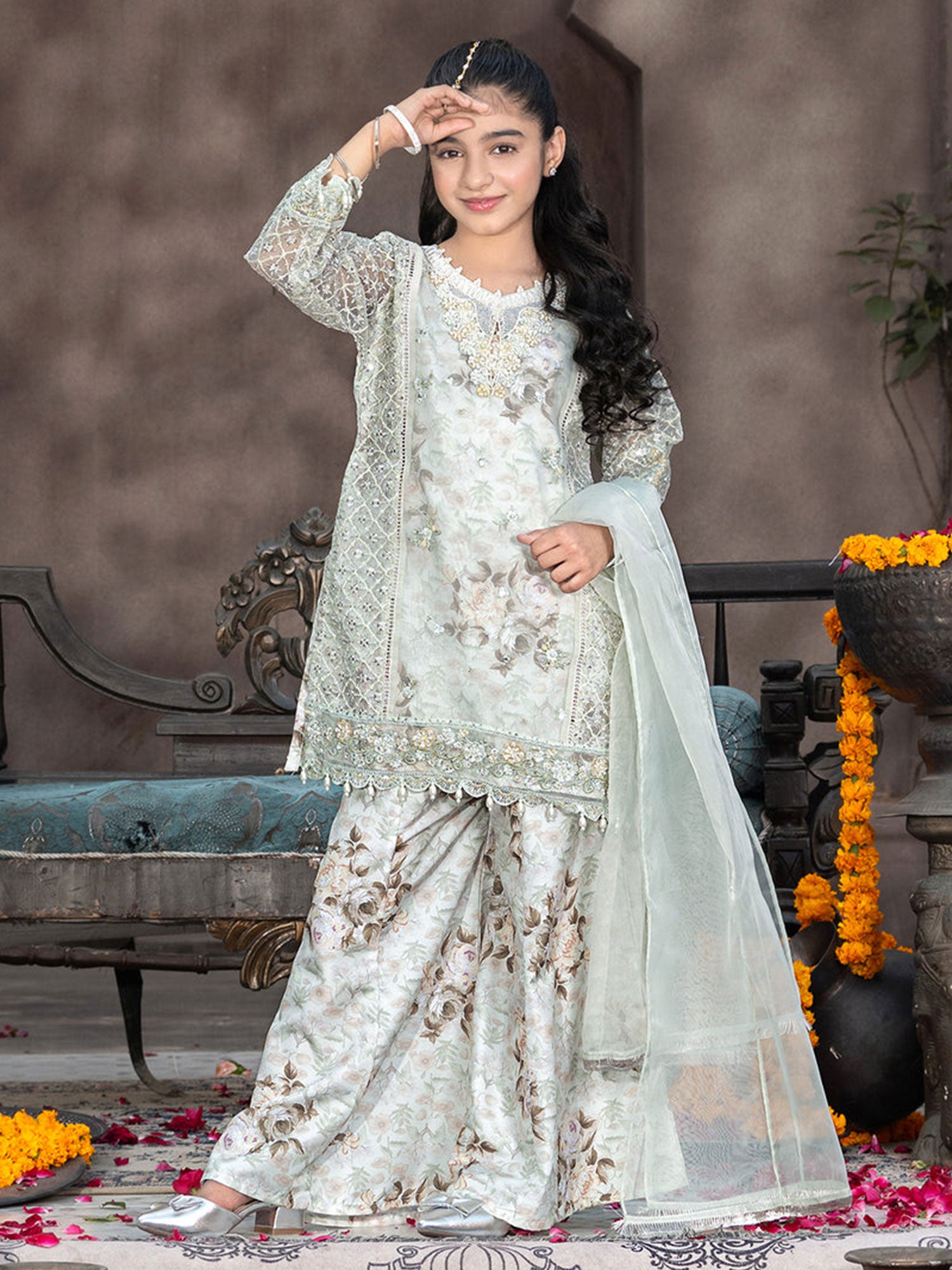 Ally's Kids Mint Lux Organza Suit with Sharara (AL-4367)