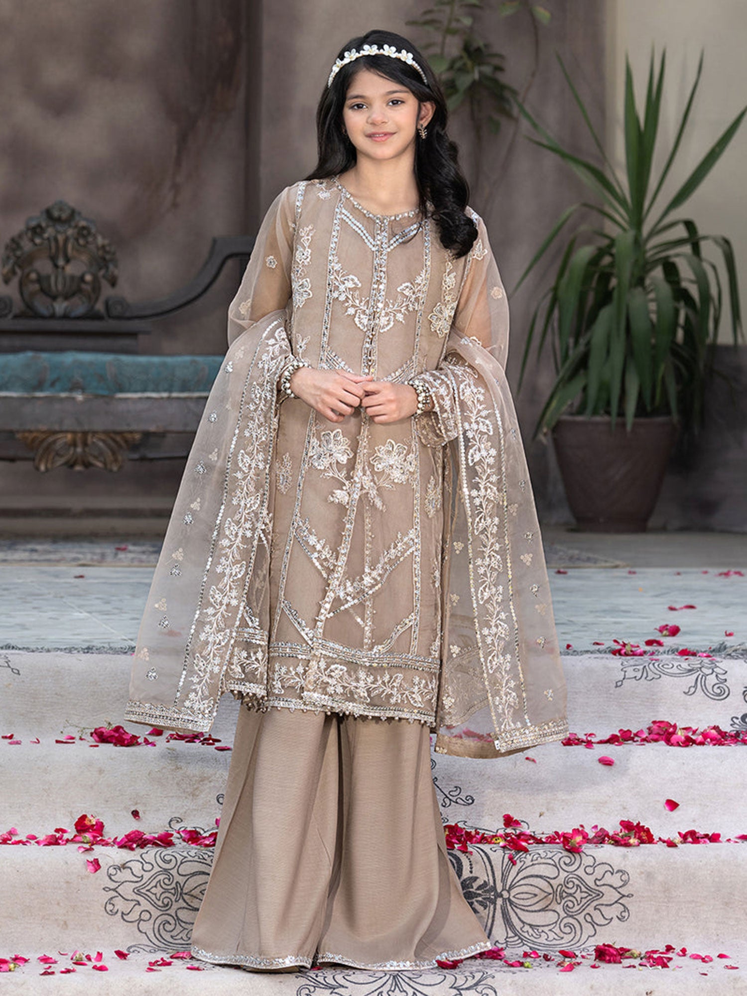 Ally's Kids Beige Lux Organza Suit with Sharara (AL-4371)