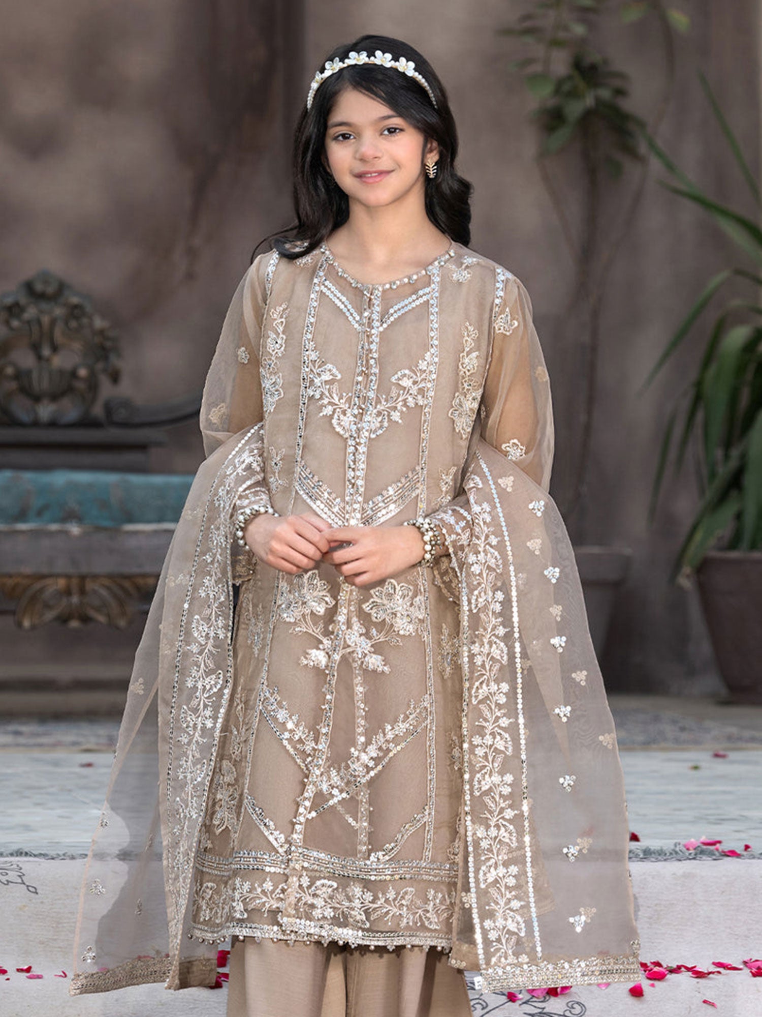 Ally's Kids Beige Lux Organza Suit with Sharara (AL-4371)