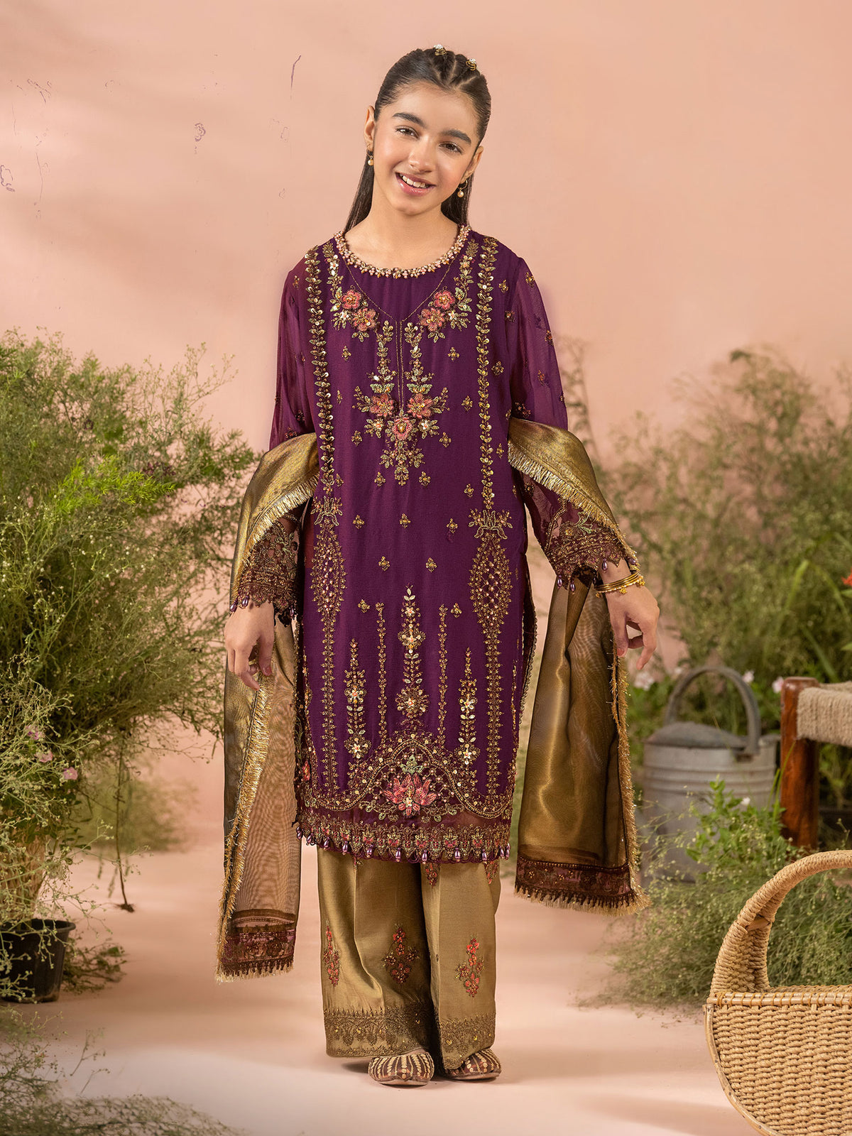 Ally's "Dahlia" Kids Burgundy Lux Embroidered Chiffon Suit (AL-4389) - Burgundy