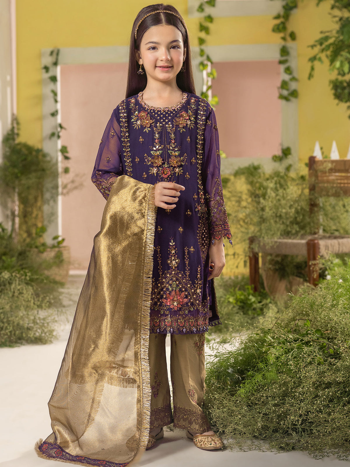 Ally's "Dahlia" Kids Purple Lux Embroidered Chiffon Suit (AL-4389) - Purple