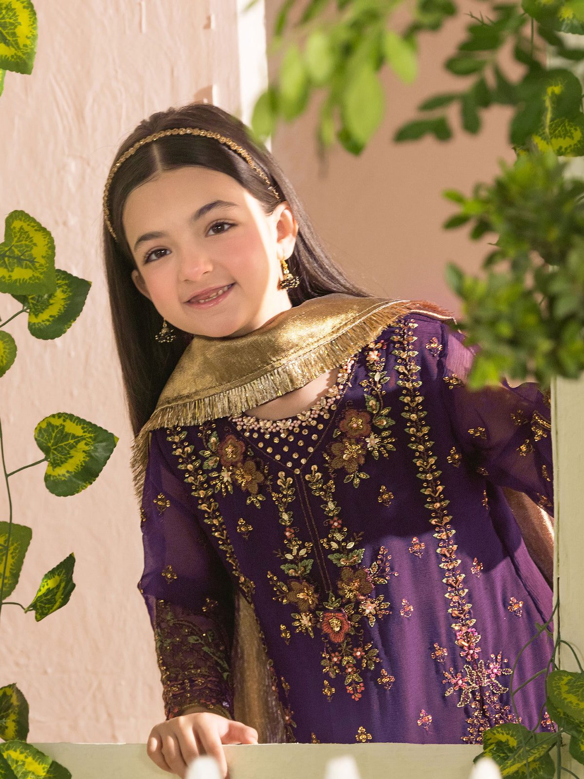 Ally's "Dahlia" Kids Purple Lux Embroidered Chiffon Suit (AL-4389) - Purple