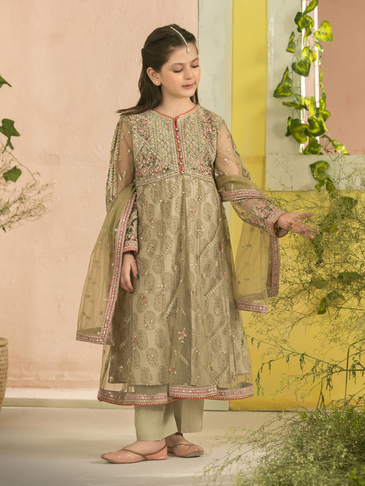Ally's "Dahlia" Kids Sage Green Lux Embroidered Net Maxi Suit (AL-4402) - Sage Green