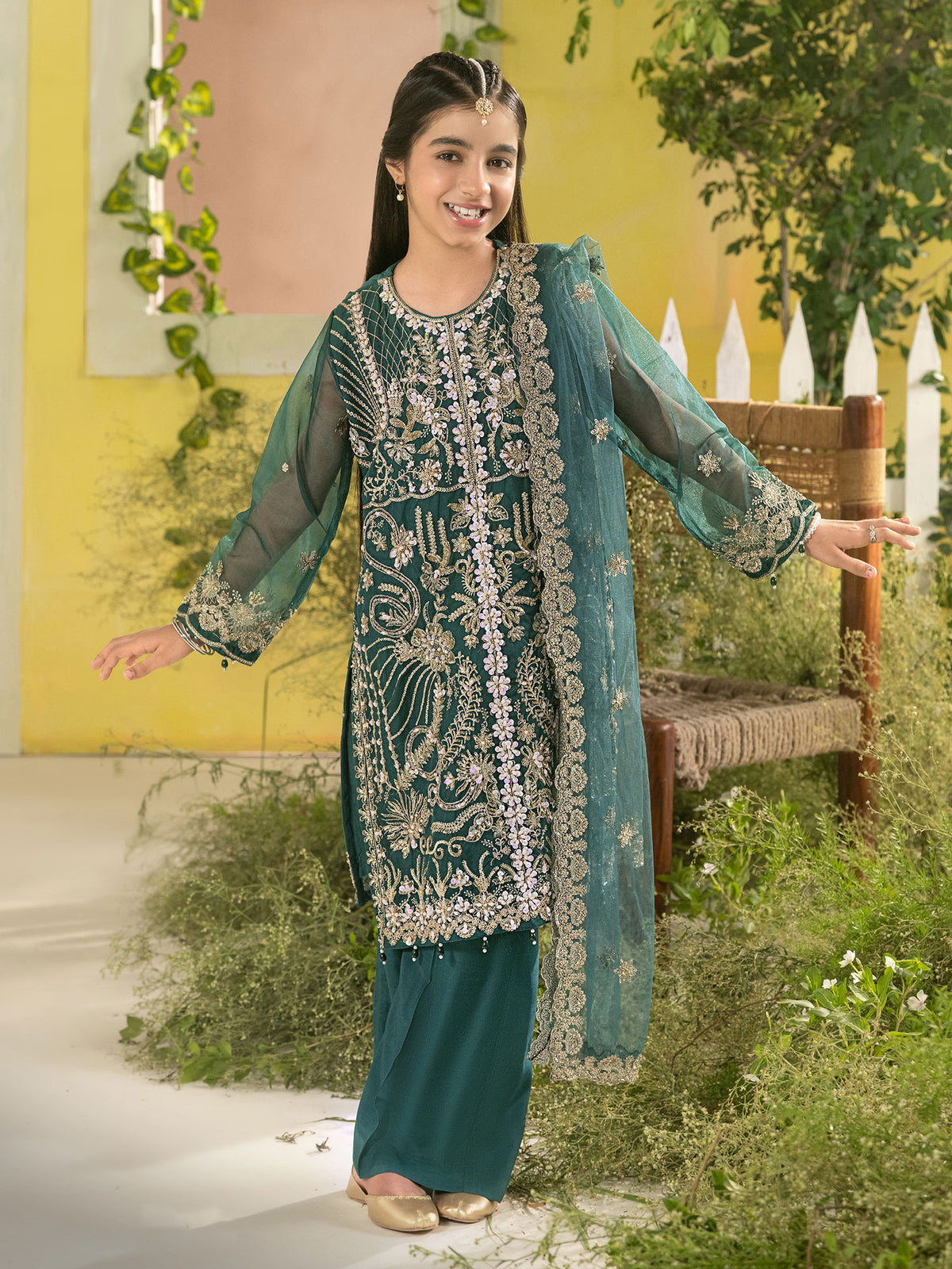 Ally's "Dahlia" Kids Green Lux Embroidered Organza Suit (AL-4424) - Green