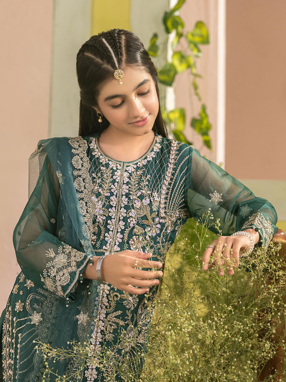 Ally's "Dahlia" Kids Green Lux Embroidered Organza Suit (AL-4424) - Green