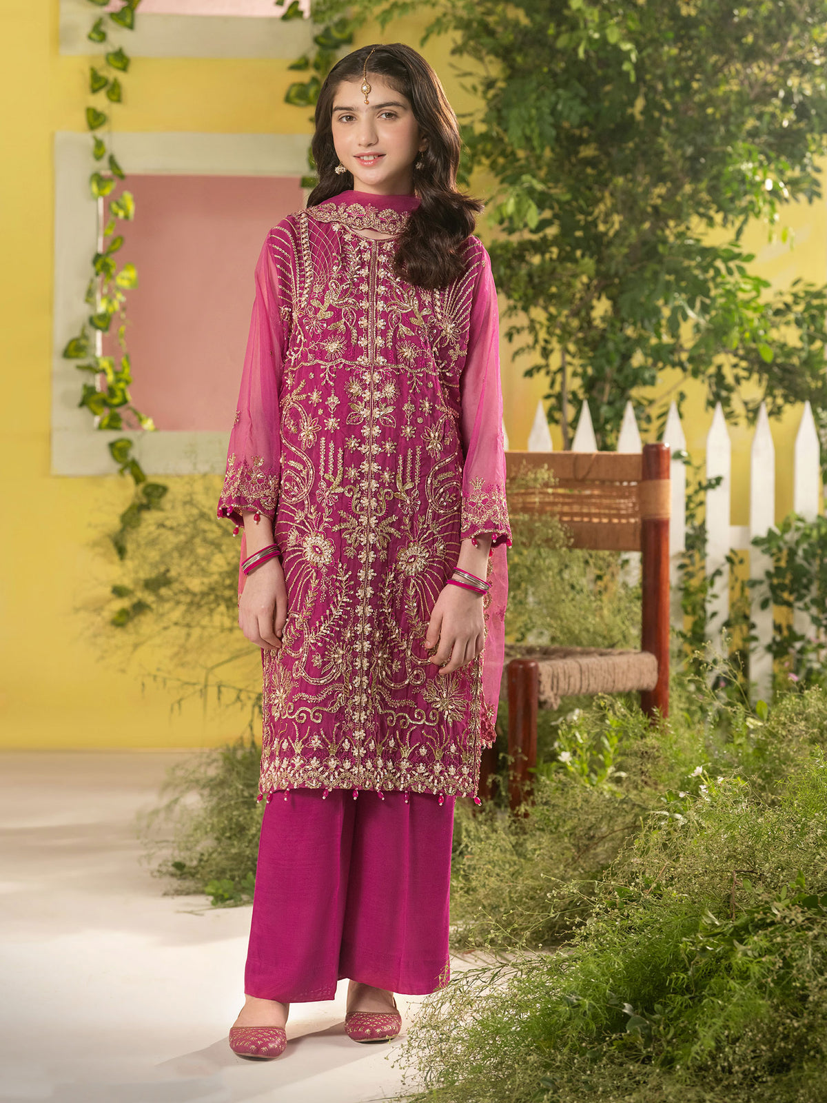 Ally's "Dahlia" Kids Pink Lux Embroidered Organza Suit (AL-4424) - Pink