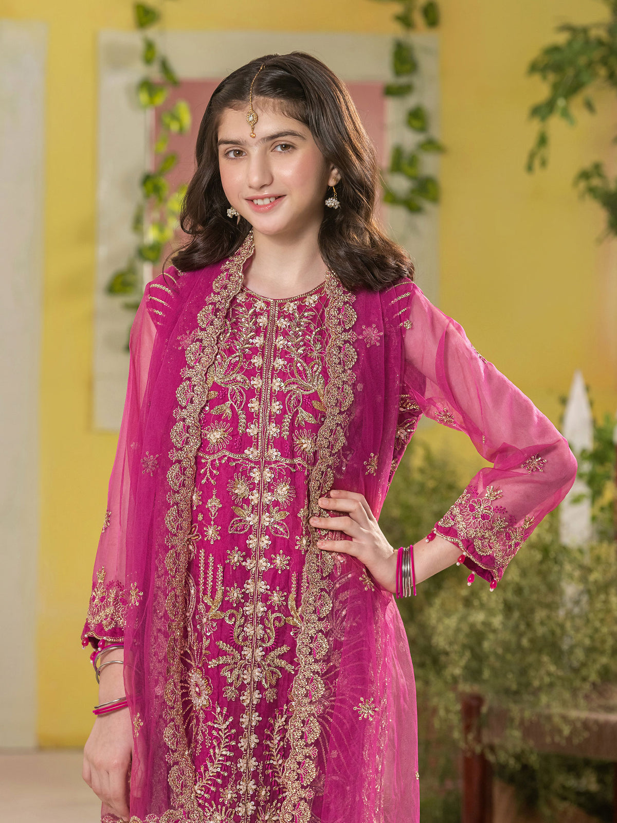 Ally's "Dahlia" Kids Pink Lux Embroidered Organza Suit (AL-4424) - Pink