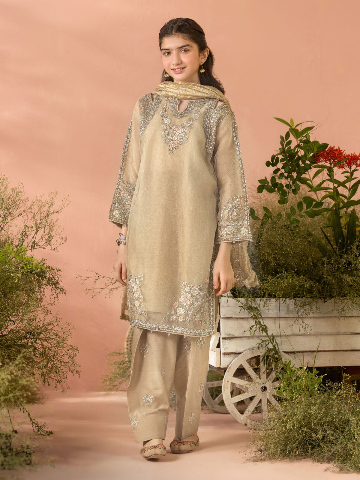 Ally's "Dahlia" Kids Gold Lux Embroidered Khaadi Net Suit (AL-4459) - Gold