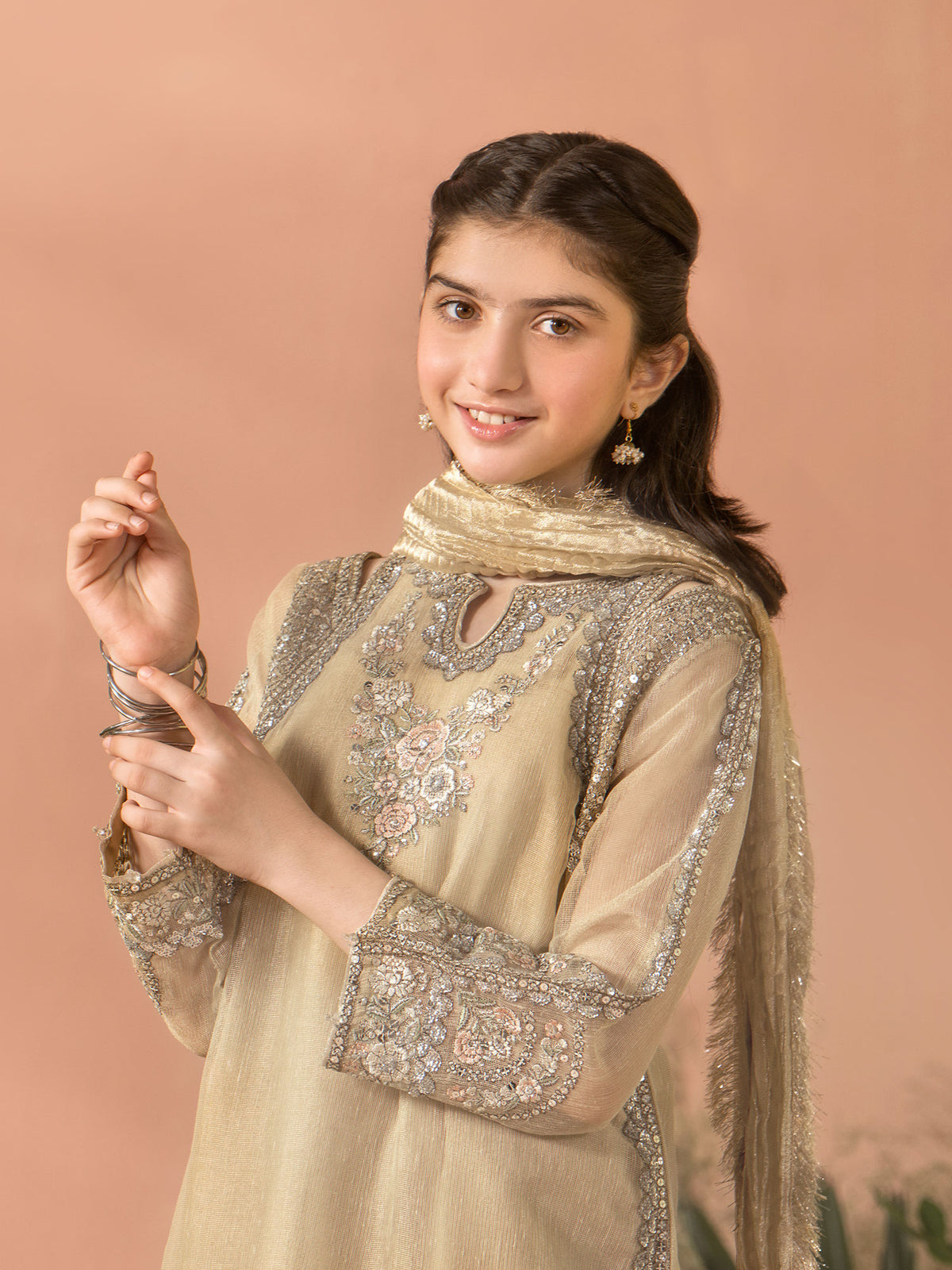 Ally's "Dahlia" Kids Gold Lux Embroidered Khaadi Net Suit (AL-4459) - Gold