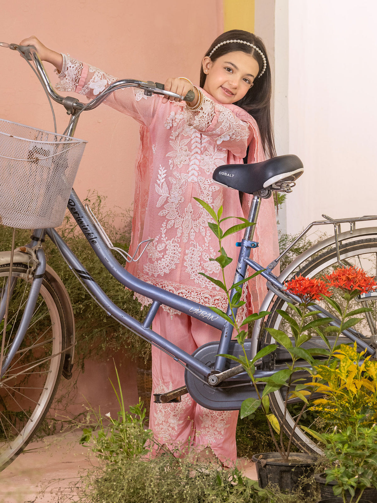 Ally's "Dahlia" Kids Light Pink Lux Embroidered Khaadi Net Suit (AL-4502) - Light Pink
