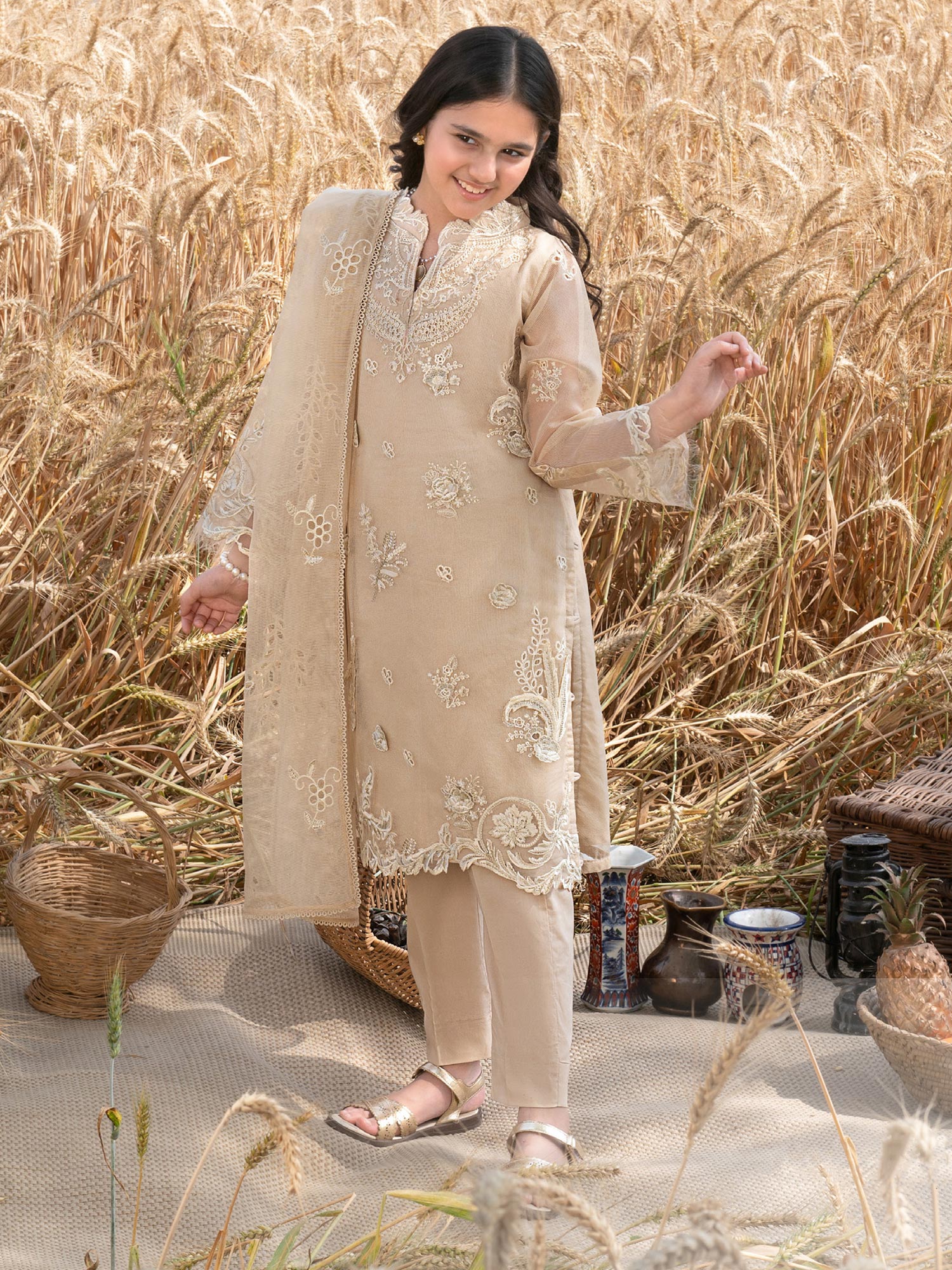 Ally's Kids Beige Embroidered Chikankari Suit (AL-1034)