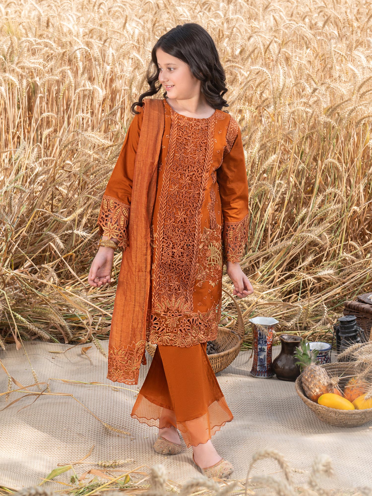 Ally's Kids Rust Orange Embroidered Chikankari Suit (AL-1037)