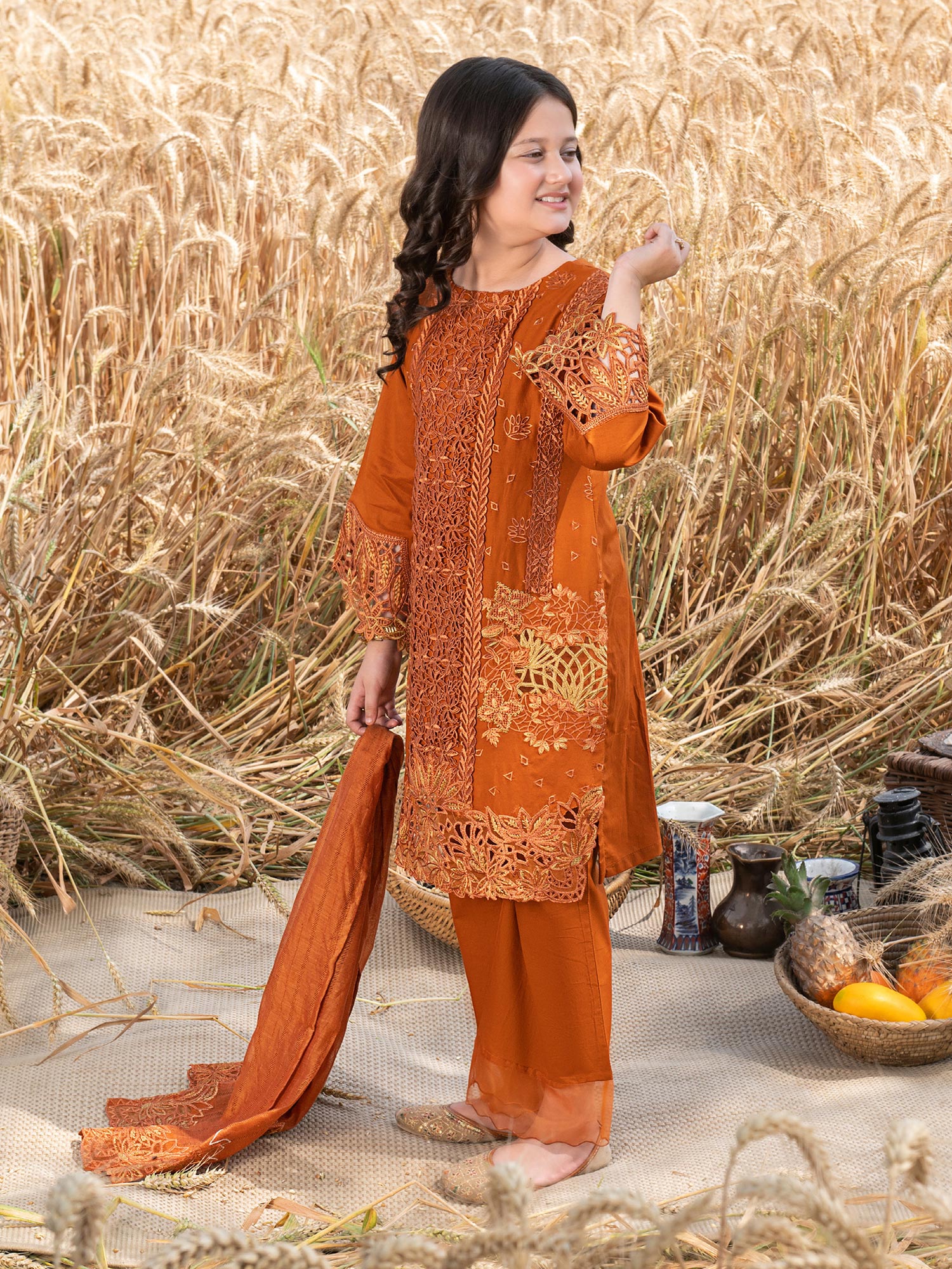 Ally's Kids Rust Orange Embroidered Chikankari Suit (AL-1037)