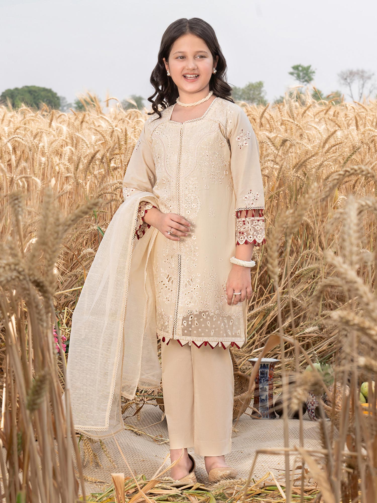 Ally's Kids Light Beige Embroidered Chikankari Suit (AL-1042)
