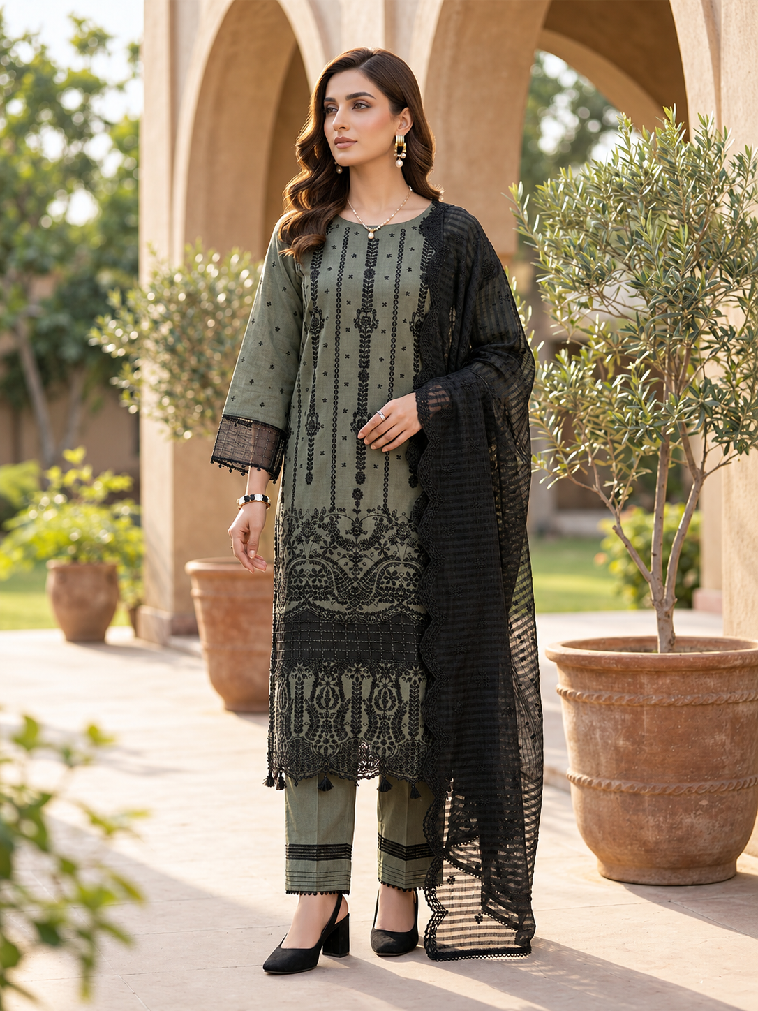 Arfa Riwaj Embroidered Chambray Cotton 3-Piece Suit - Olive Green