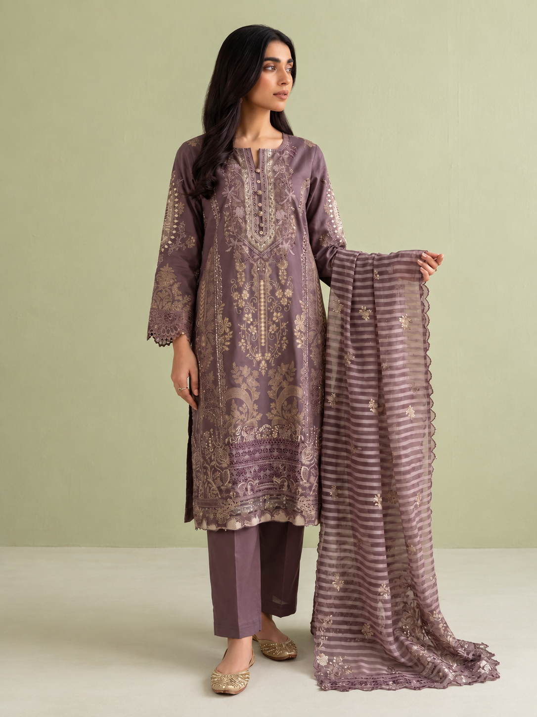 Arfa Riwaj Embroidered Jacquard 3-Piece Suit - Mauve
