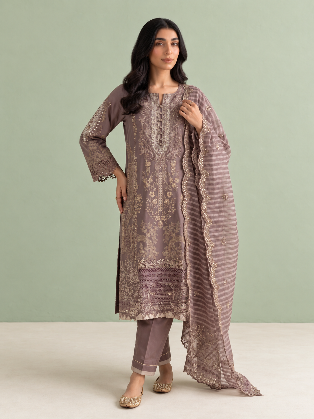 Arfa Riwaj Embroidered Jacquard 3-Piece Suit - Mauve