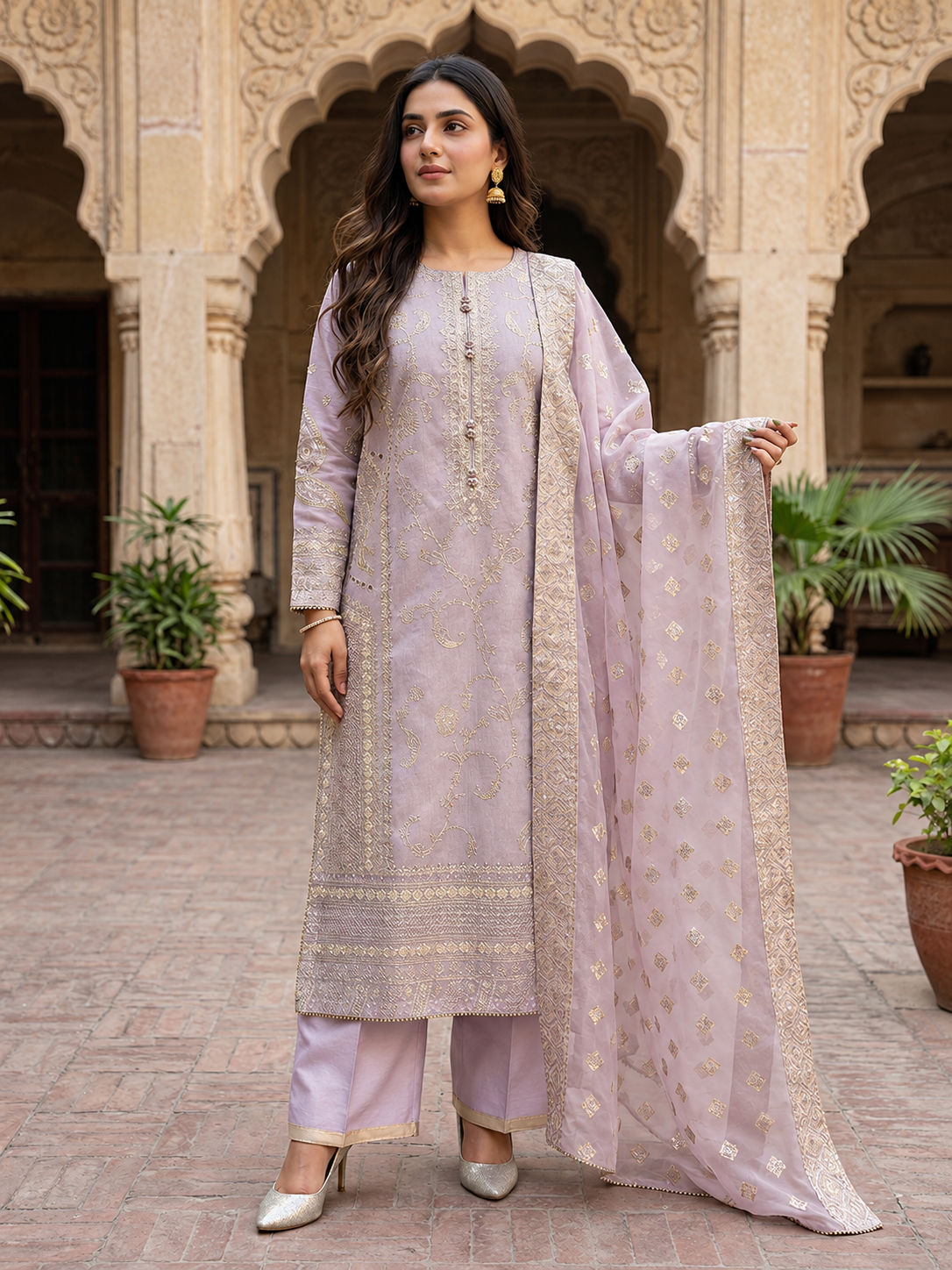 Arfa Riwaj Embroidered Lilac Poly Slub 3-Piece Suit